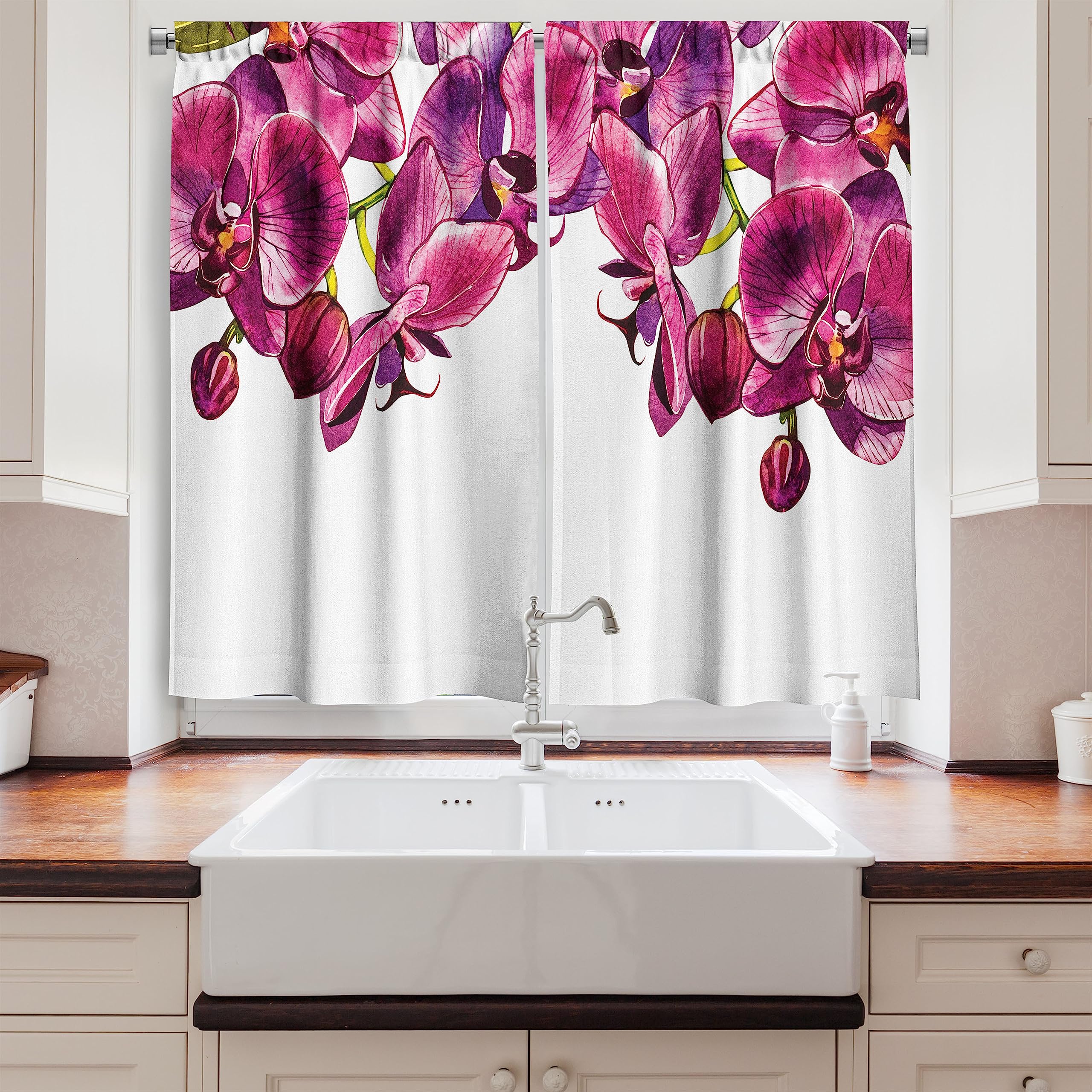 Ambesonne Floral Long Kitchen Curtains - Orchid Branch Design Symbolizing Purity, 2 Panel Rod Pocket Drapes for Windows, 55