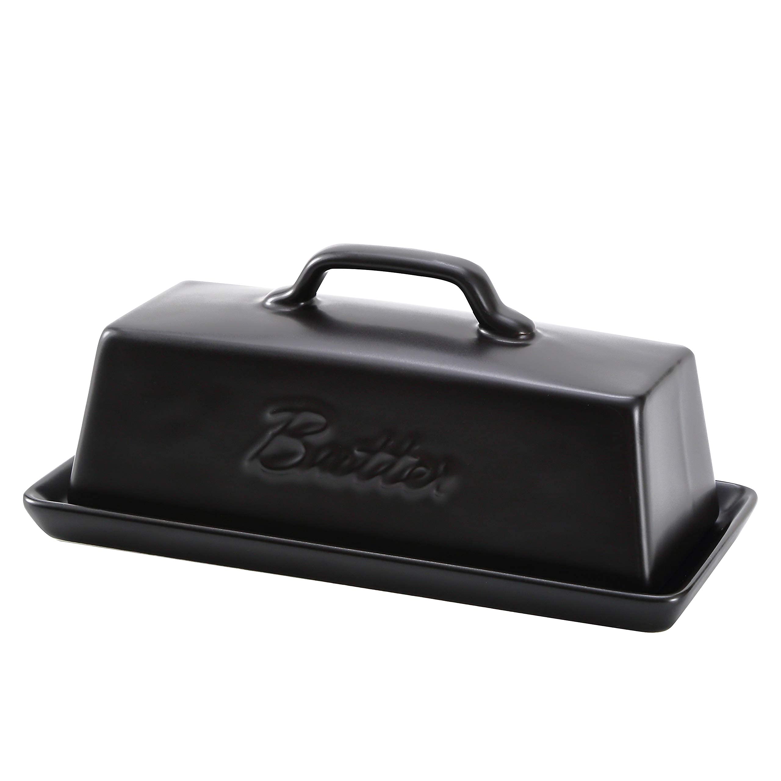 Bruntmor Black Ceramic Butter Dish with Lid - Porcelain Butter Keeper & Storage Tray with Handle for Countertop - Perfect for Kitchen, Dining Table, and Breakfast Buffet