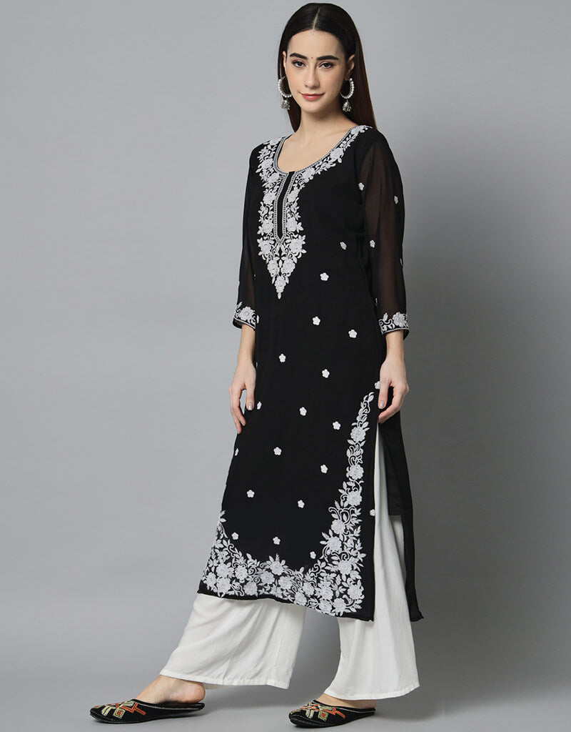 Black Georgette Palazzo Straight Pants for Women - Elegant Wide Leg Trousers for Office, Party & Casual Wear