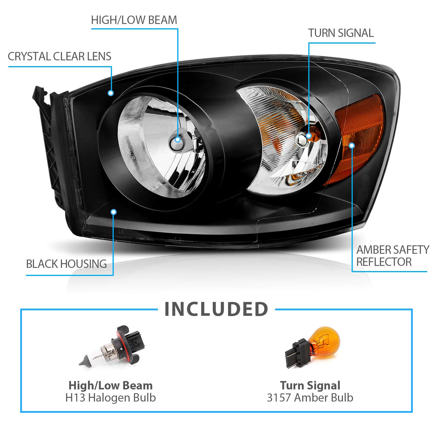 AmeriLite Black Replacement Headlights Pair for 2006-2008 Dodge Ram 1500 & 2006-2009 Ram 2500/3500 (Bulbs Included) - Perfect for Night Driving & Off-Road Adventures