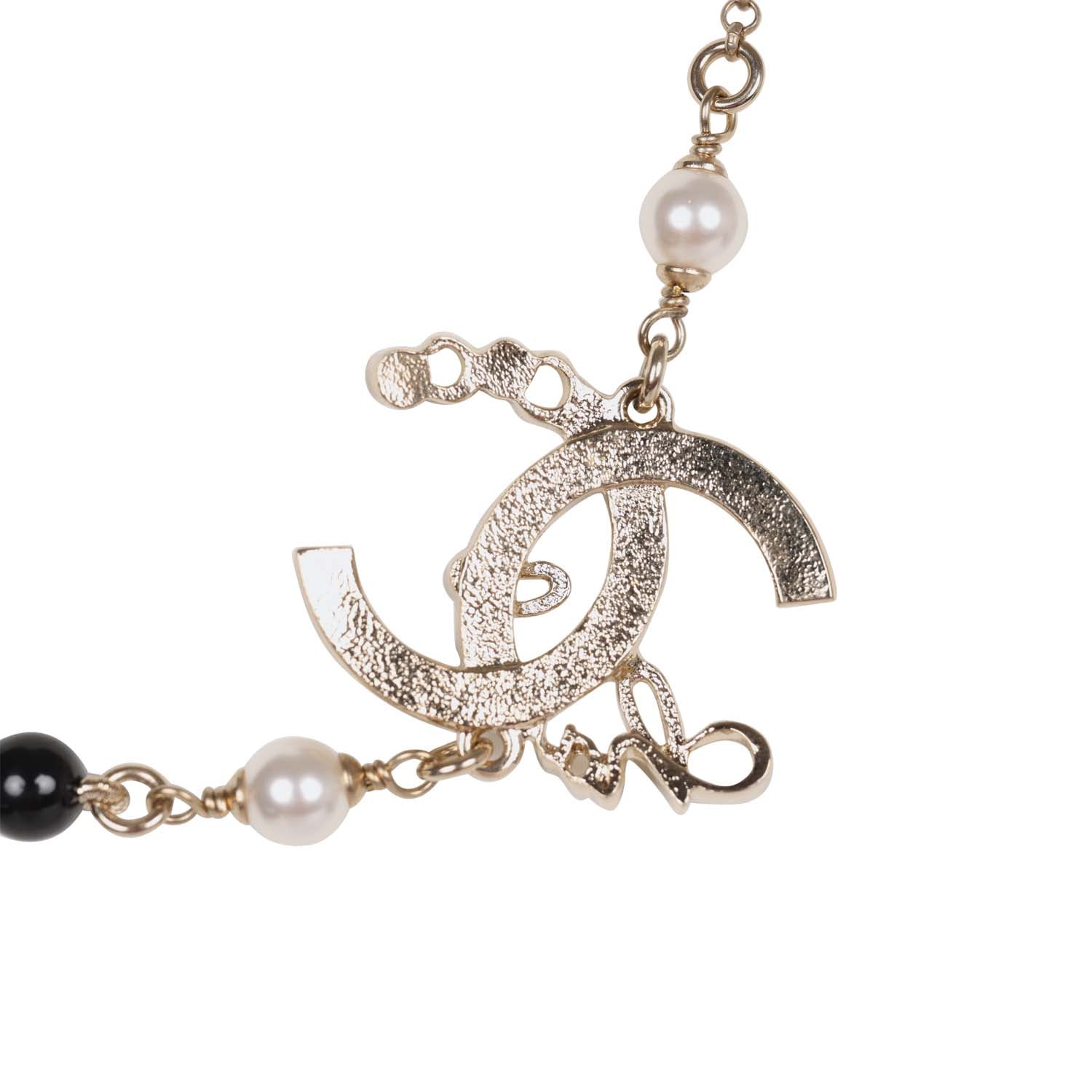Chanel Script Logo Necklace - Black Bead & White Pearl with Gold Hardware | Elegant Jewelry for Women, Perfect for Parties, Weddings & Special Occasions