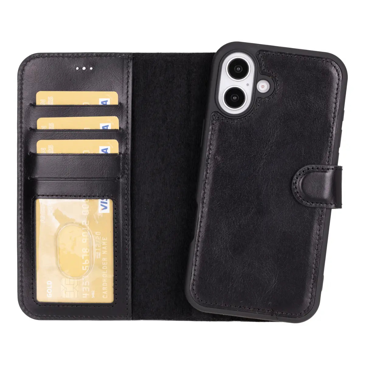 Premium Black Leather Wallet Case for iPhone 16 - Slim Protective Cover with RFID Blocking & Card Slots | Perfect for Everyday Use, Travel & Business Meetings