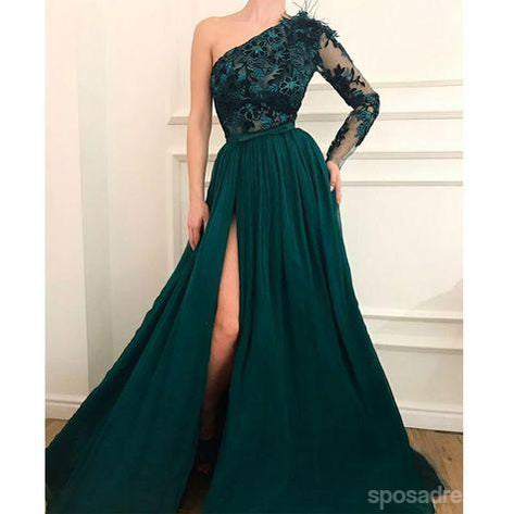 Emerald Green One Shoulder A-Line Prom Dress with Long Sleeves & High Slit - Elegant Evening Gown for Homecoming, Formal Events & Special Occasions