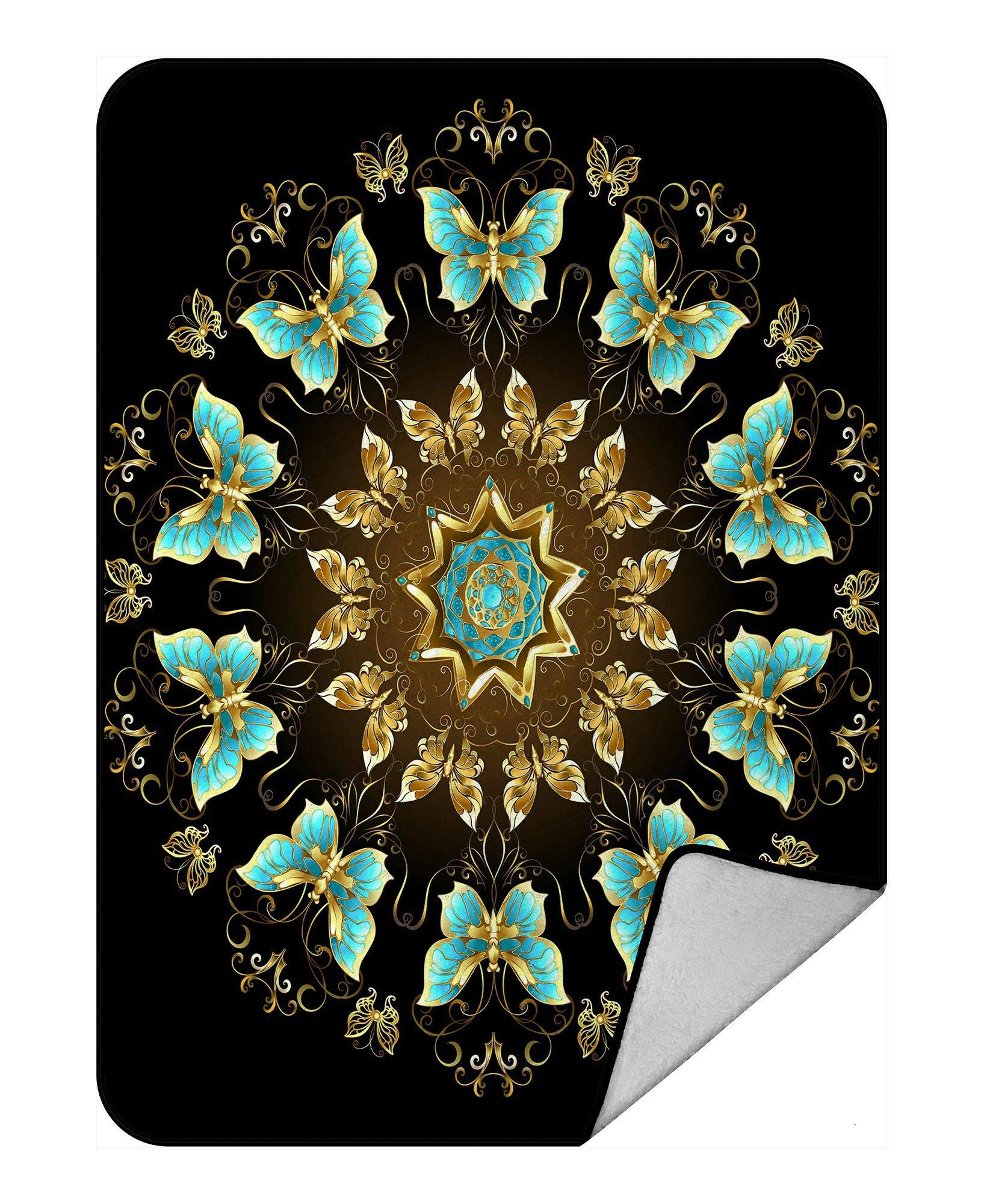 ECZJNT Gold & Turquoise Butterfly Mandala Fleece Throw Blanket - 58x80 Inch Soft Plush Blanket for Bed, Couch, Sofa & Home Decor