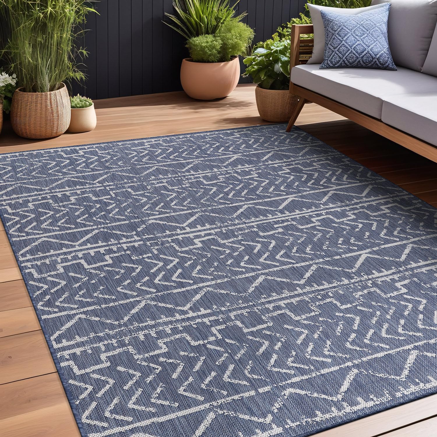 Beverly Rug Waikiki 8x10 Indoor Outdoor Washable Carpet - Water Resistant Blue & White Area Rug for Patio, Deck, Porch, Trellis | Perfect for Backyard, Poolside & Beach House Decor