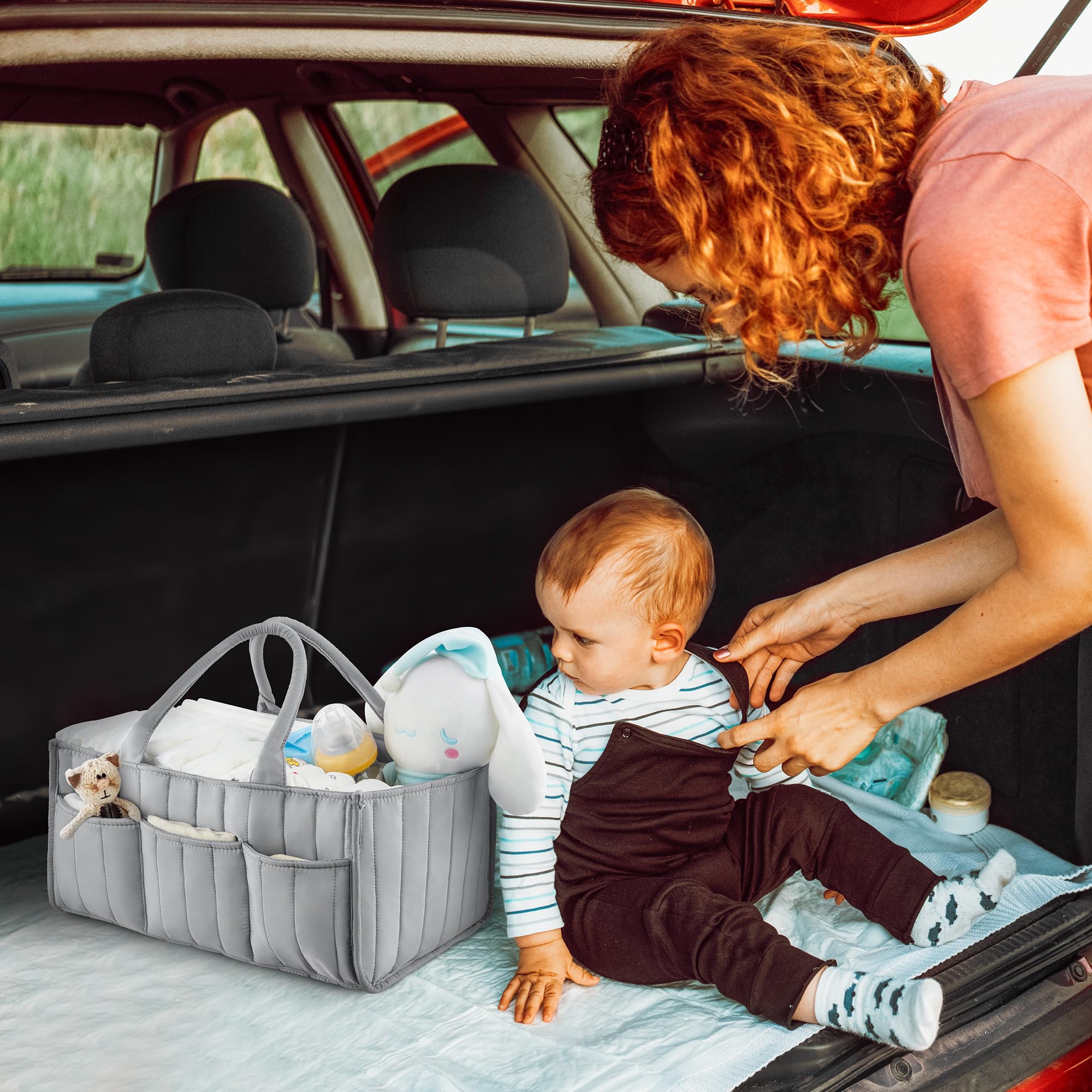 Starry Sky Grey Diaper Caddy Organizer with Handles & Removable Dividers - Portable Diaper Storage Bag for Car, Nursery & Travel - Baby Essentials Organizer Basket & Tote for Easy Storage & Organization