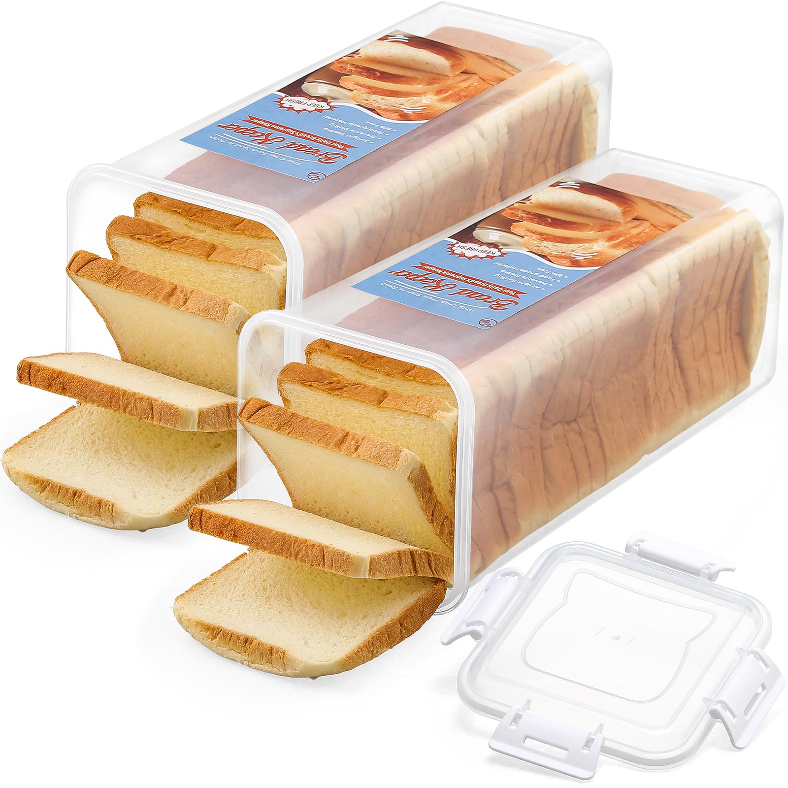 AOZITA 2-Pack Airtight Bread Storage Containers with White Lids - Plastic Sandwich & Loaf Bread Keepers for Freshness - Perfect for Kitchen Countertop, Pantry Organization & Bakery Storage