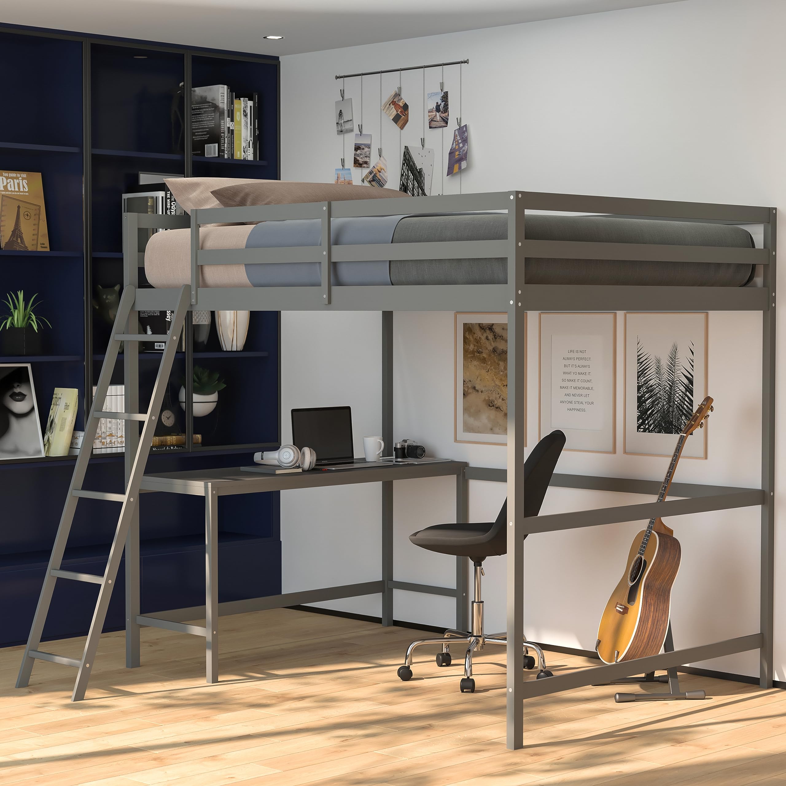 Full Size Loft Bed Frame with Desk - Light Gray Wood Slats, Protective Guard Rails & Ladder - Space Saving Design for Kids & Teens - Perfect for Small Bedrooms & Dorm Rooms