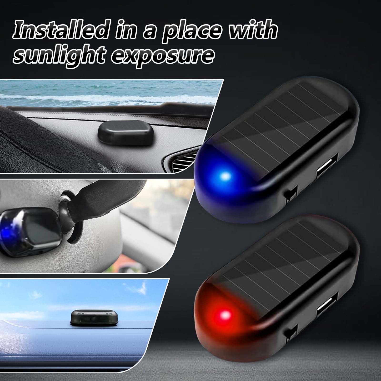 Solar Powered Fake Car Alarm LED Light - Red & Blue Anti-Theft Dummy Security Light with USB Charger Port for Vehicle Protection | Perfect for Parking Lots, Garages & High-Crime Areas