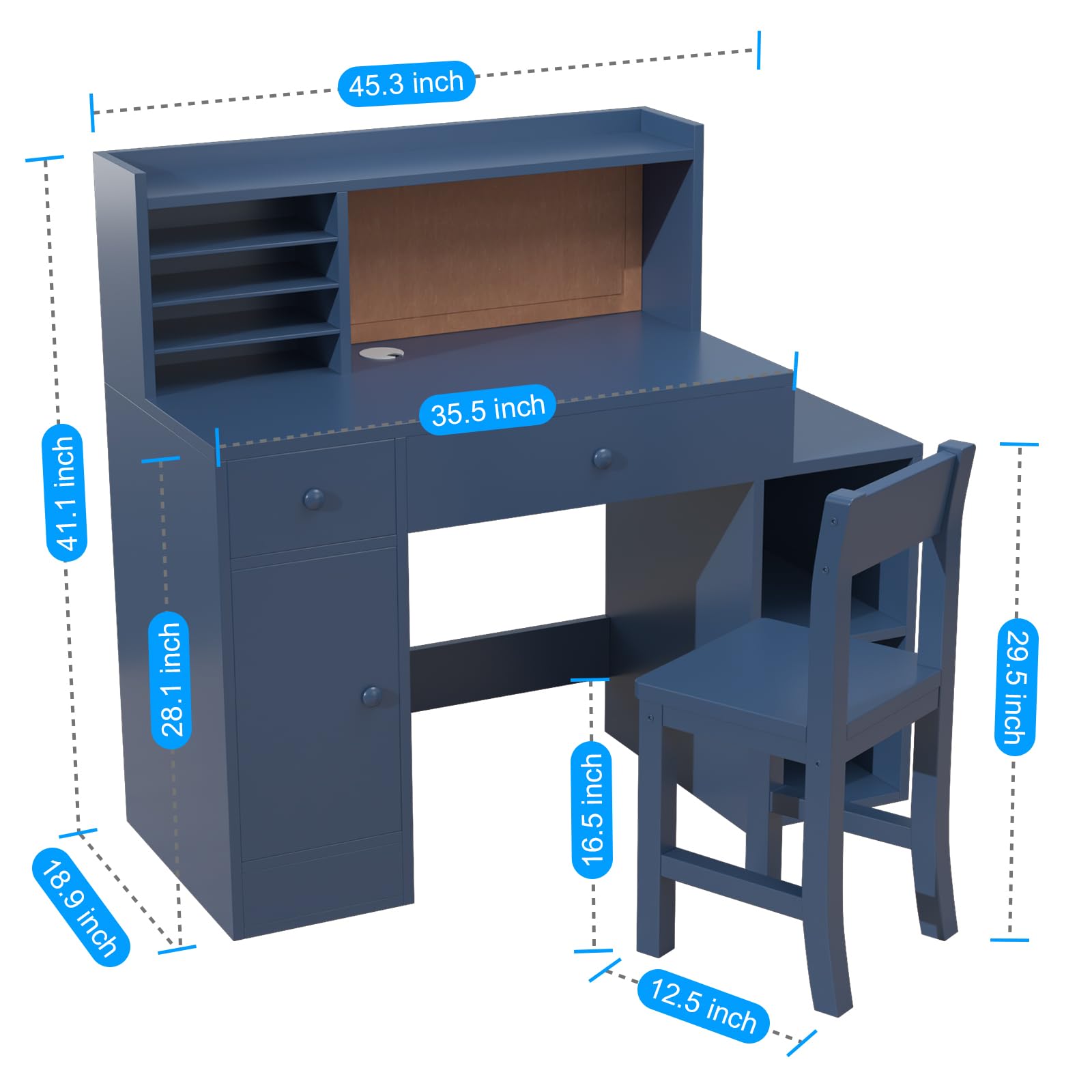 Blue Kids Study Desk and Chair Set for Ages 5-12 - Adjustable Children's Computer Desk with Bulletin Board, Storage Drawers & Cabinets - Perfect for Homework, Online Learning & Craft Activities (40 Inch)