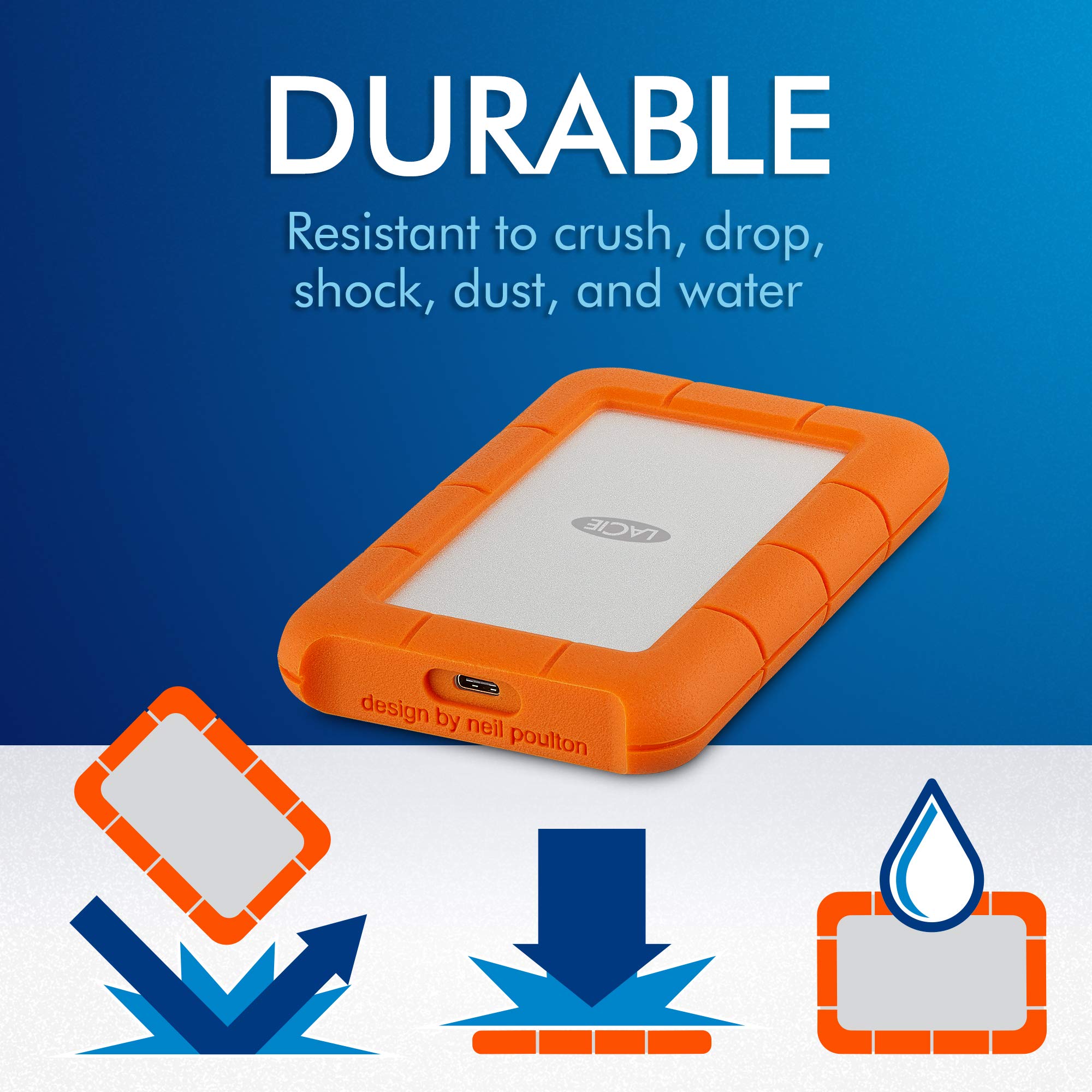 LaCie Rugged USB-C 5TB Portable External Hard Drive - Shockproof, Dustproof & Water-Resistant HDD for Mac, PC, Laptop & Workstation | USB 3.0 & USB-C Compatible | Ideal for Travel, Outdoor Adventures & Data Backup (Renewed) STFR5000800