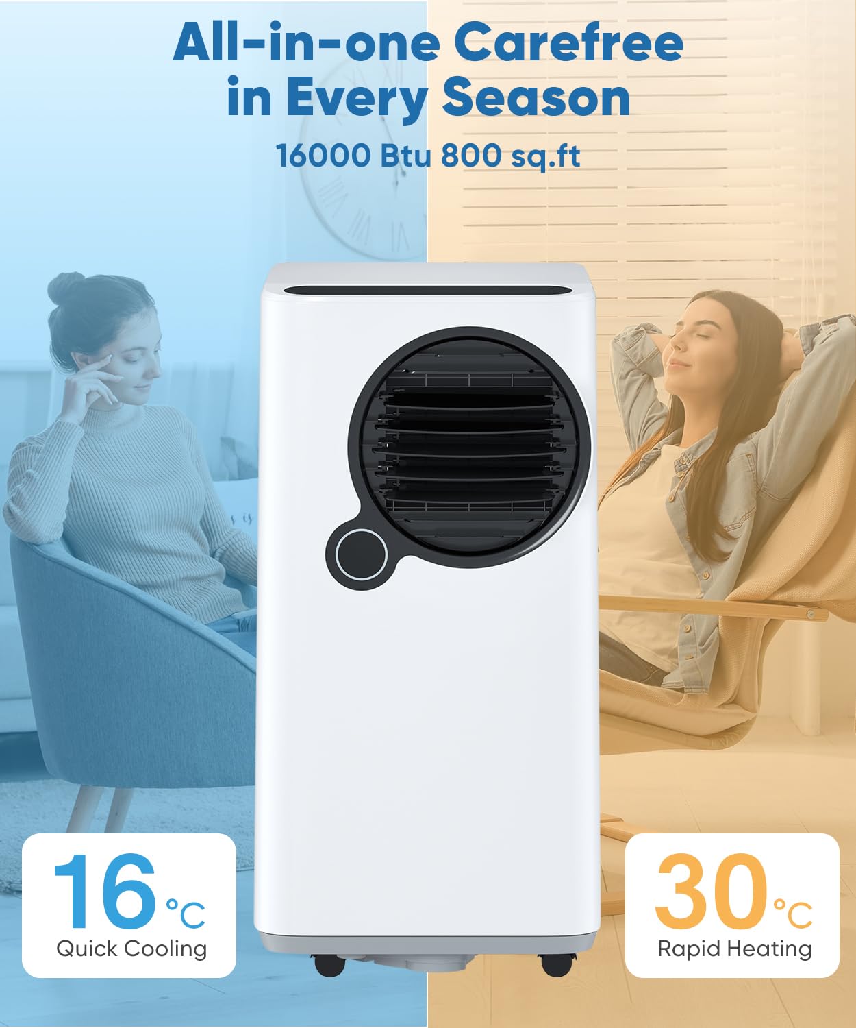 Portable Air Conditioner with Cooling, Heating, Fan & Dehumidifier - 24H Timer, Remote/APP Control, Smart/Sleep Mode, 3 Fan Speeds, Auto Swing - Perfect for Bedrooms, Living Rooms & Home Offices