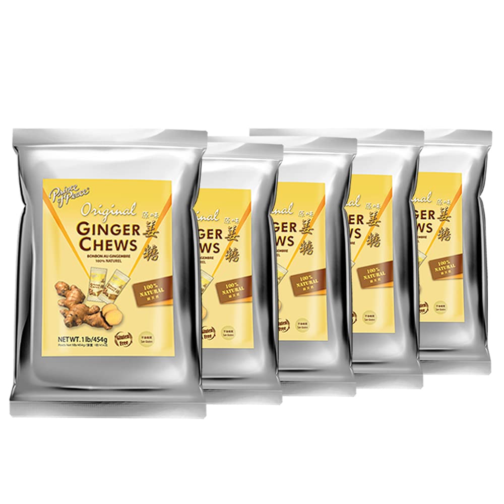Prince of Peace Original Ginger Chews, 1 lb. (5 Pack) – Natural Ginger Candy for Digestion & Nausea Relief – Sweet & Spicy Candied Ginger Snacks – Perfect for Travel, Motion Sickness & Morning Wellness