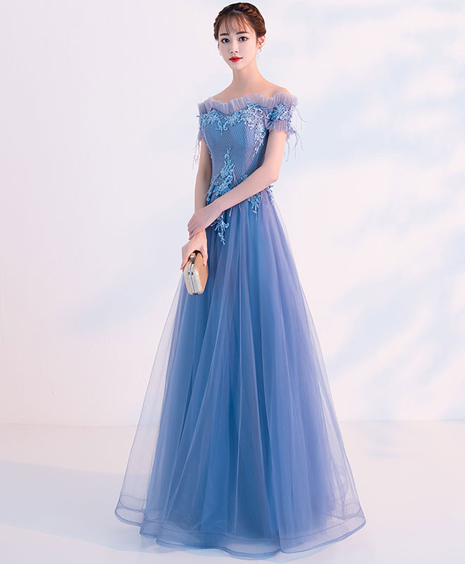 Elegant Blue Tulle Lace Long Prom Dress for Women - Formal Evening Gown for Homecoming, Ball, Wedding & Special Occasions