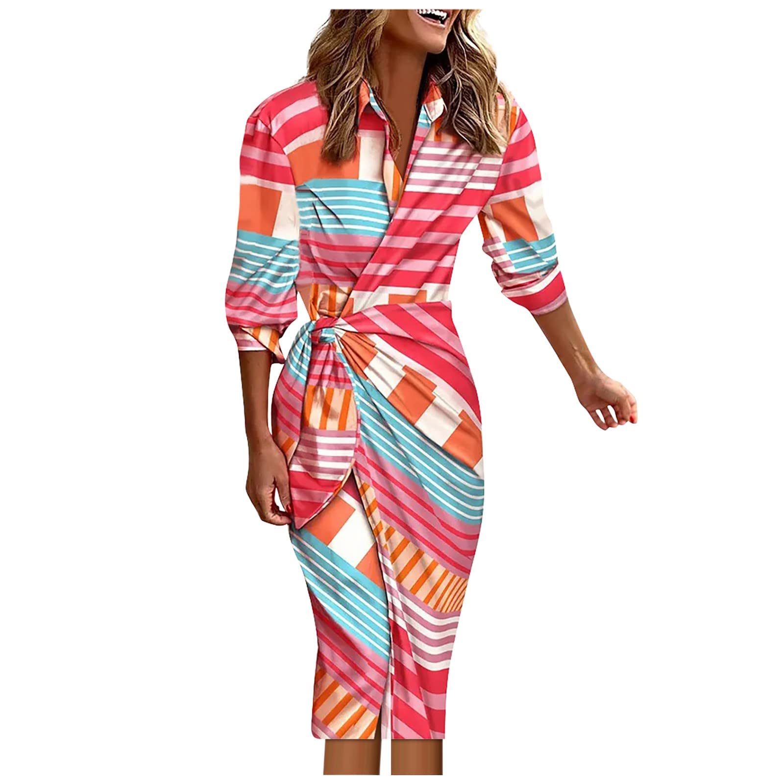 Plus Size Women's Tank Top Dress with Shirt Collar & Long Sleeves - Tie Front Midi Dress for Work, Church & Casual Wear | Faith-Inspired Fashion