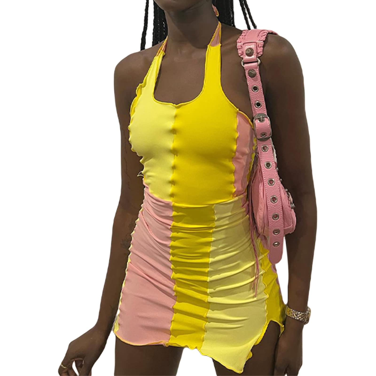 Votuleazi Women's Sleeveless Halterneck Bodycon Dress - Contrast Color Summer Party & Streetwear Outfit for Casual Wear, Night Out, and Beach Vacation