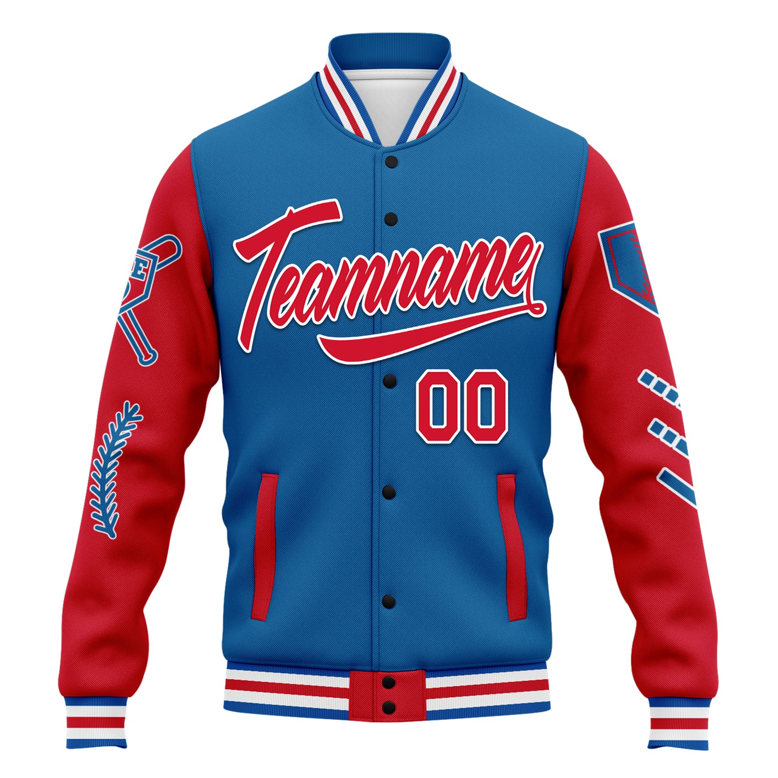 Custom Blue & Red Raglan Sleeves Bomber Jacket - Snap Closure Varsity Letterman Jacket - Personalized Name & Number - FZ005 D023002 - Perfect for School Sports, Team Uniforms & Casual Streetwear