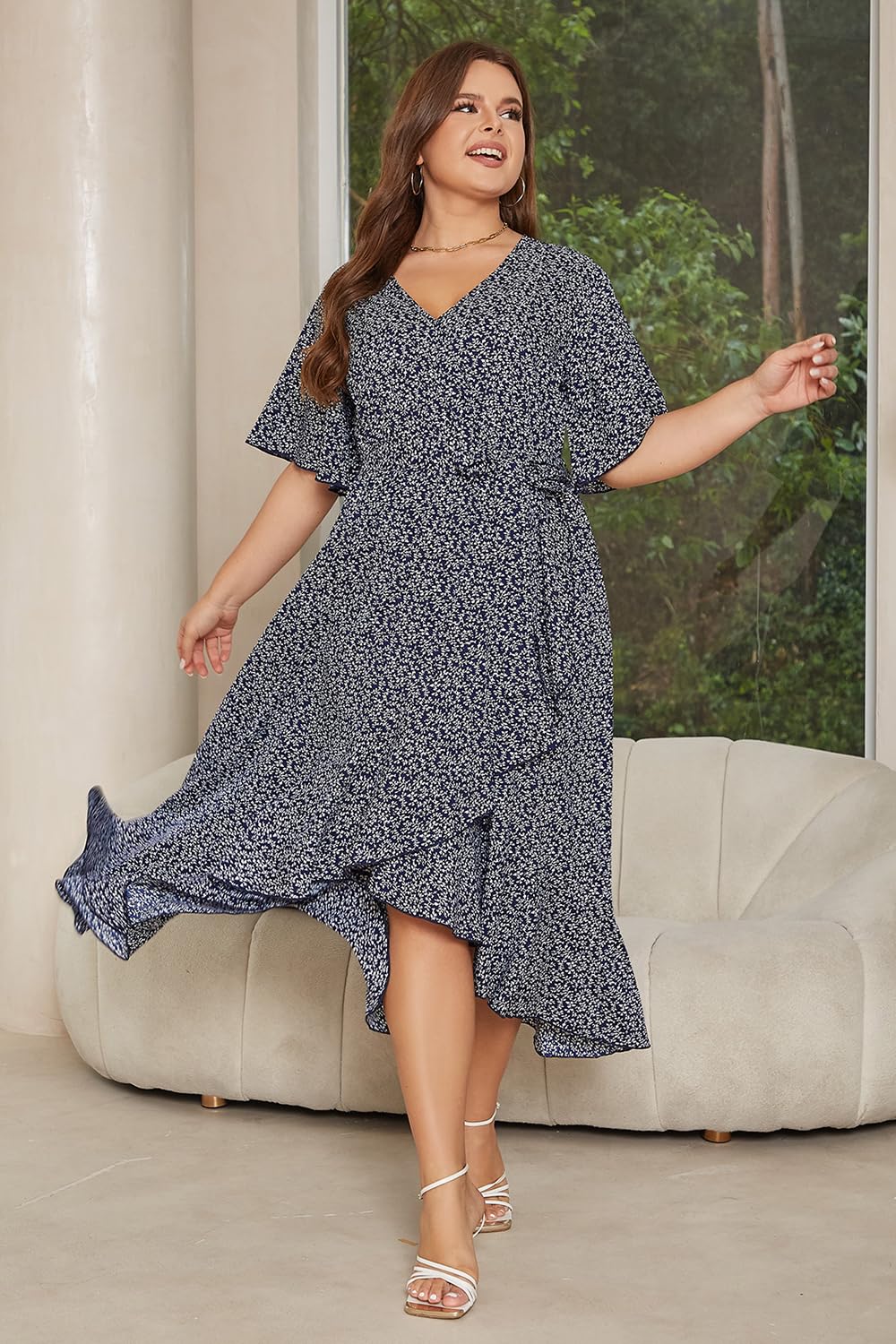 Keluummi Plus Size Wedding Guest Maxi Dress for Women - Flowy Boho Floral Wrap Dress with Sleeves & Pockets | Summer Casual Church, Garden Party & Beach Cover Up Outfit