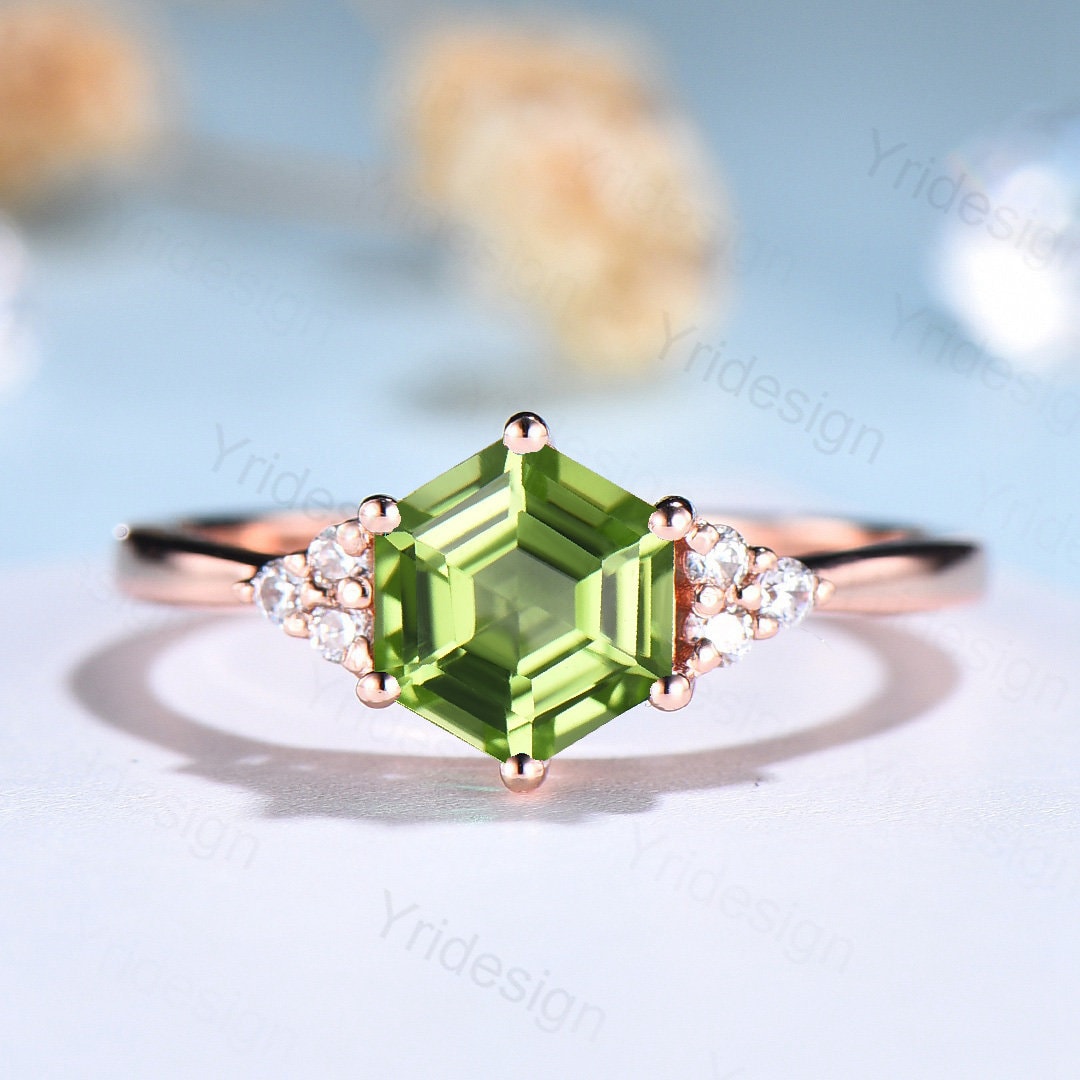 Hexagon Peridot Engagement Ring - Art Deco Rose Gold & Silver Vintage Style Minimalist Ring for Women - Promise, Anniversary & Wedding Gift - Perfect for Proposals, Special Occasions & Everyday Elegance