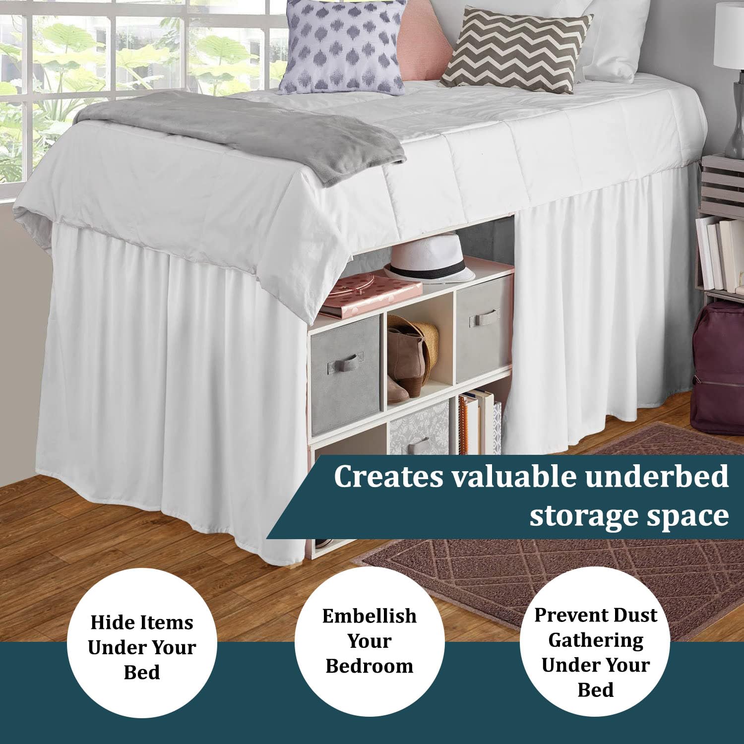 Twin XL Extra Long Dorm Room Bed Skirt - 32 Inch Drop 100% Microfiber College Bedding - Perfect for Dorm Rooms, Apartments & Guest Beds (White)