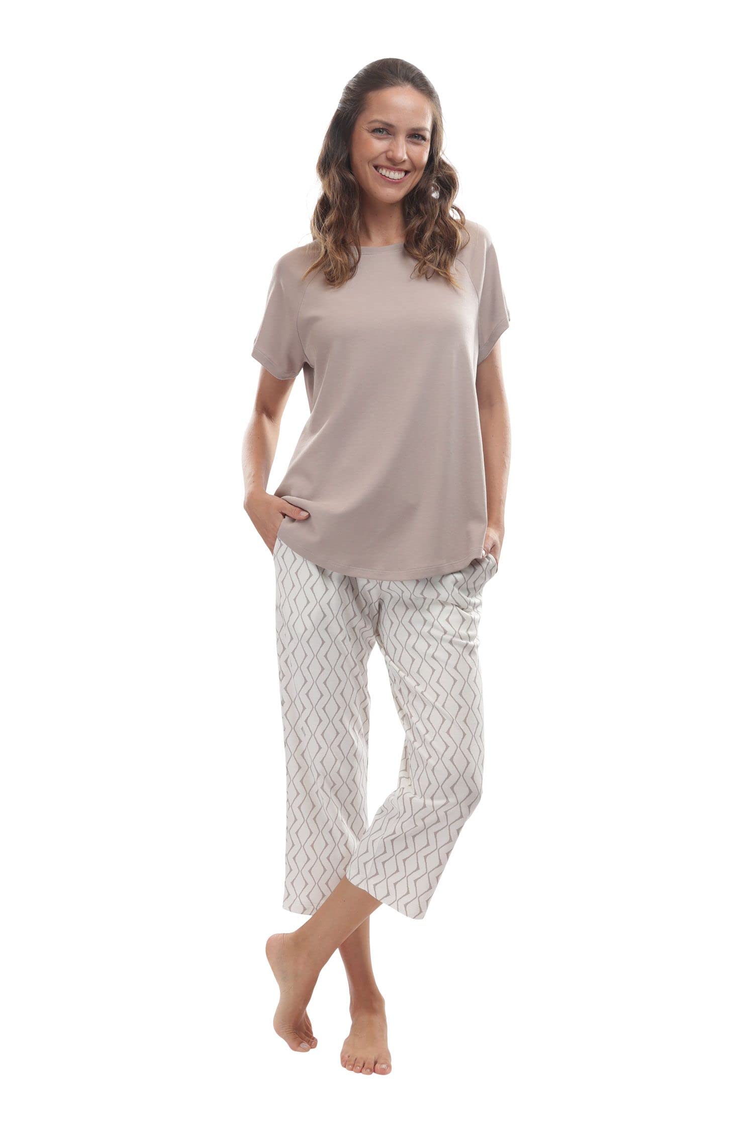 Premium Pima Cotton Women's Pajama Set - Ultra Soft Sleepwear with Capri Pants & Short Sleeve Top for Lounge, Travel & Relaxation at Home