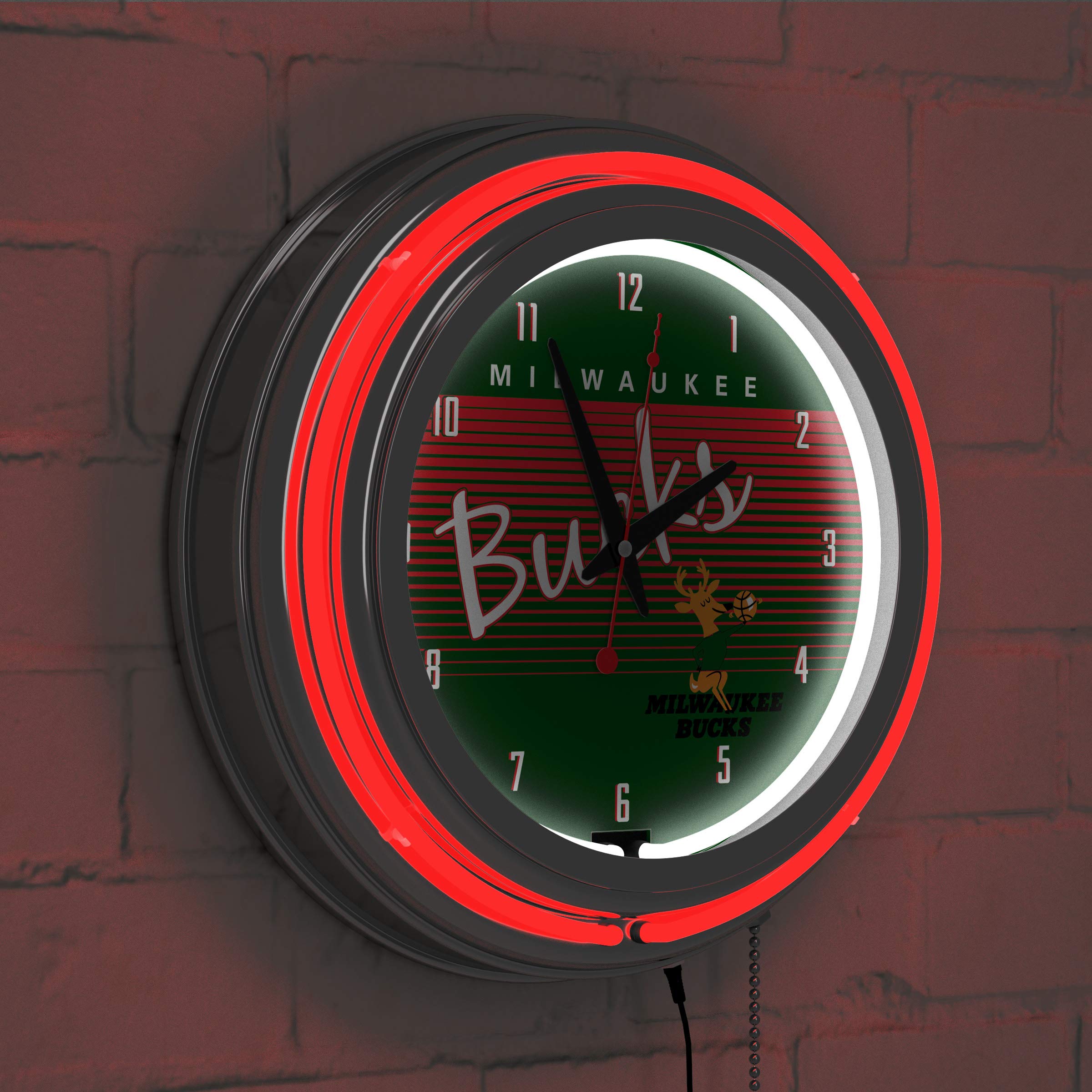 Milwaukee Bucks Hardwood Classics NBA Chrome Neon Clock - Stylish LED Wall Clock for Home, Office, and Game Room Decor