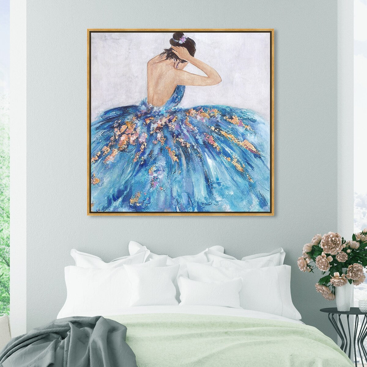 Elegant Princess Dress Glam Blue Framed Canvas Wall Art Print - Blue & Festive Home Decor for Bedroom, Living Room, Nursery | Perfect Gift for Girls, Women & Teens