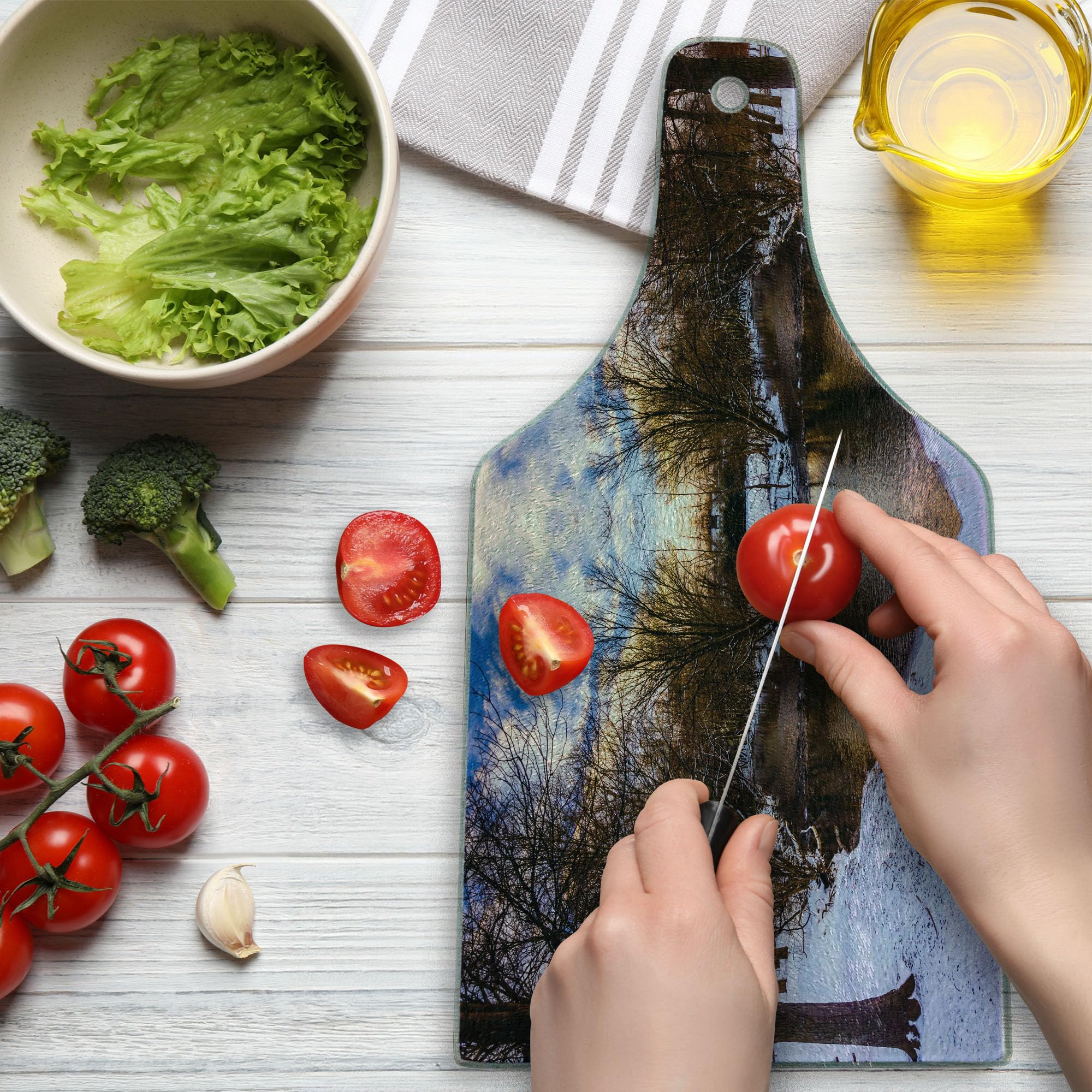 Ambesonne Heart-Shaped Tempered Glass Cutting Board - Winter Park Landscape with Snowy Trees, Lake & Sunset - Decorative Serving Board for Cheese, Charcuterie & Wine - Perfect for Holiday Entertaining & Kitchen Decor