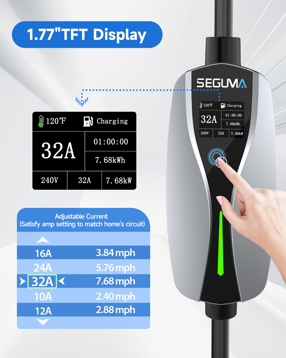 32A 240V Level 2 EV Charger with NEMA 14-50 Plug | 25ft Extension Cable | Adjustable Current | Portable Electric Car Charger for Home & Outdoor Use | Fast Charging Station for Tesla, Nissan Leaf, Chevy Bolt & More EVs