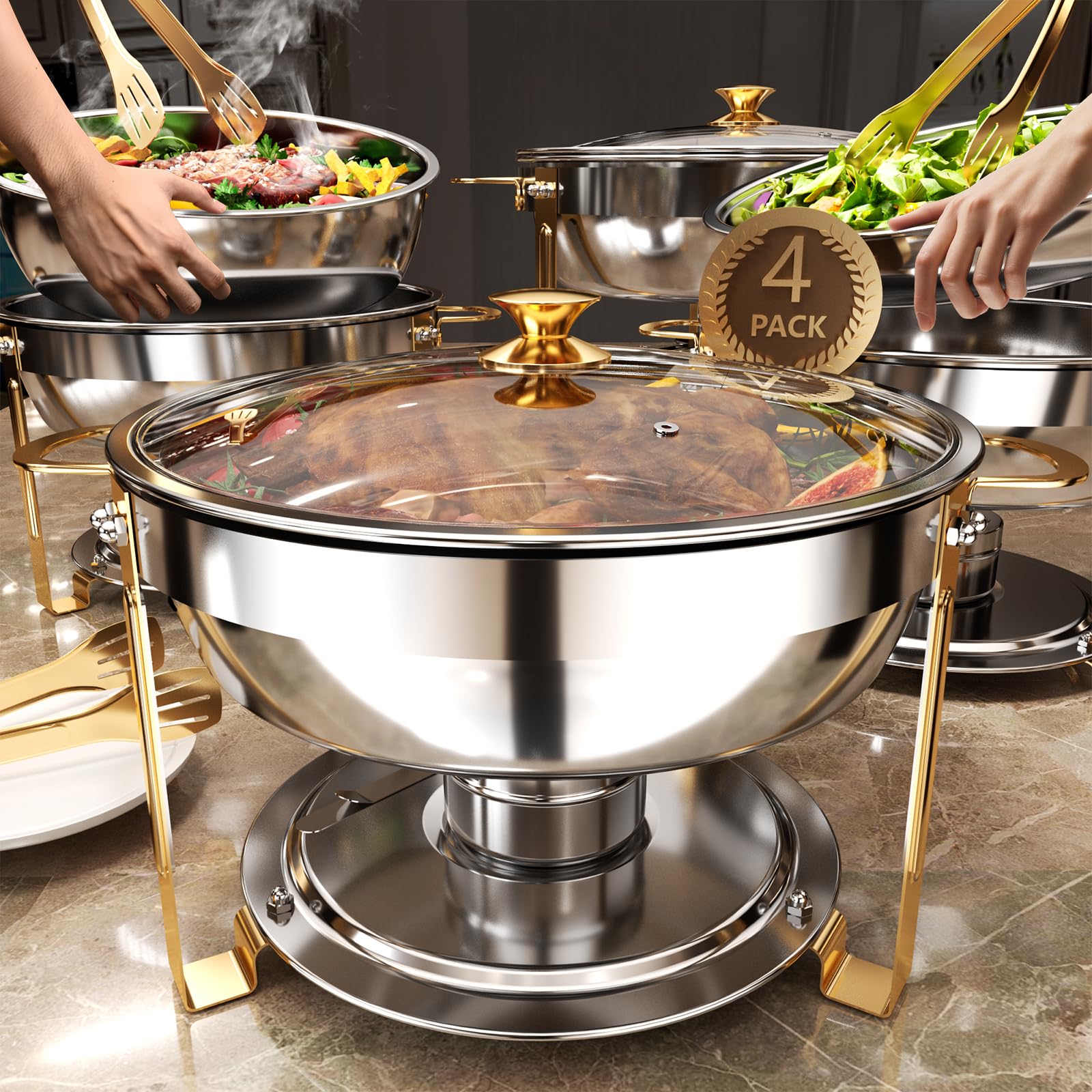 4-Pack Buffet Chafing Dishes Set - 3Qt & 5Qt Stainless Steel Food Warmers with Glass Lids & Serving Tongs - Perfect for Catering, Weddings, Birthday Parties & Buffet Events