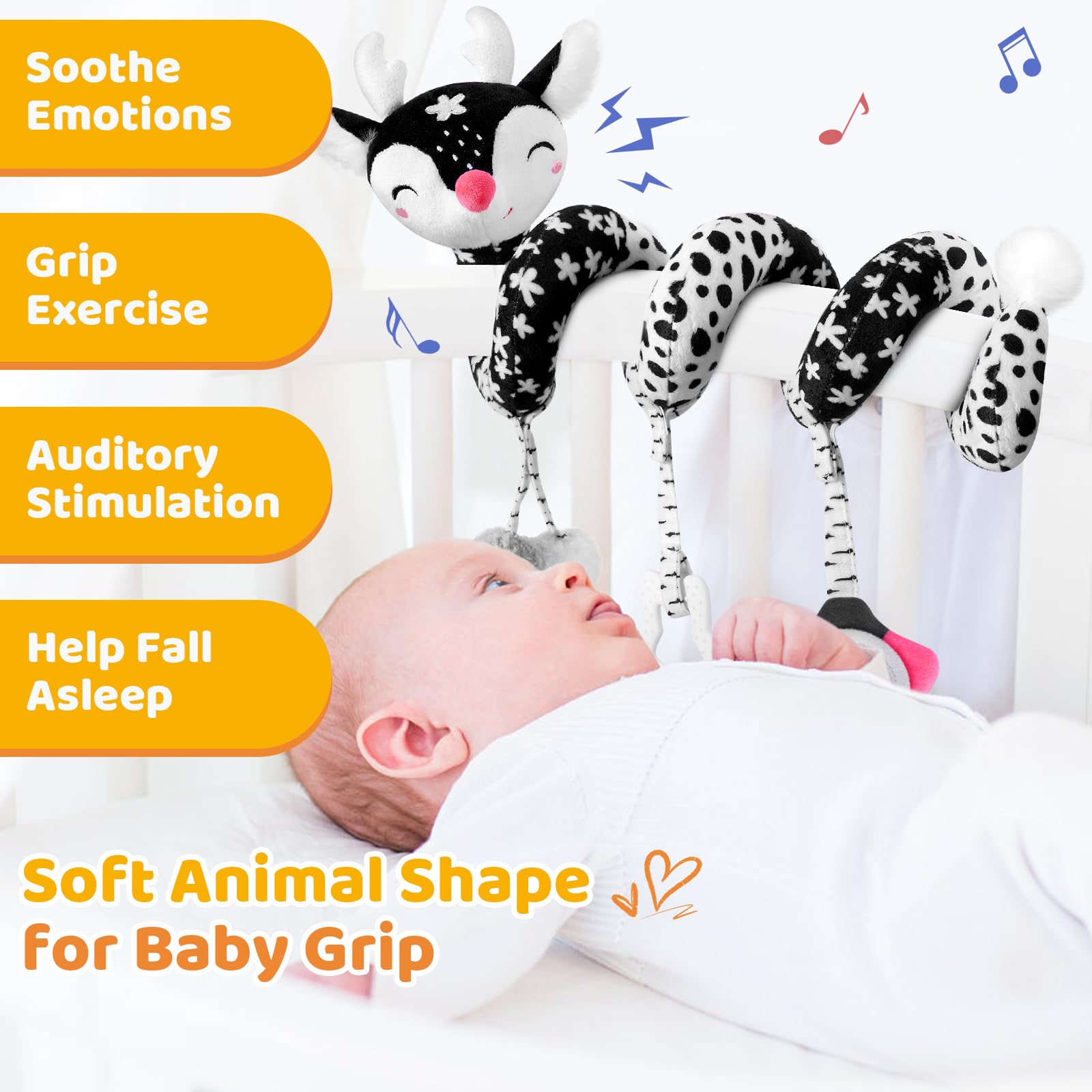 Black and White High Contrast Baby Car Seat Toys for 0-12 Months - Spiral Activity Plush Stroller Hanging Toys for Newborns & Infants (Boy & Girl) | Perfect for Car Rides, Stroller Walks & Sensory Development
