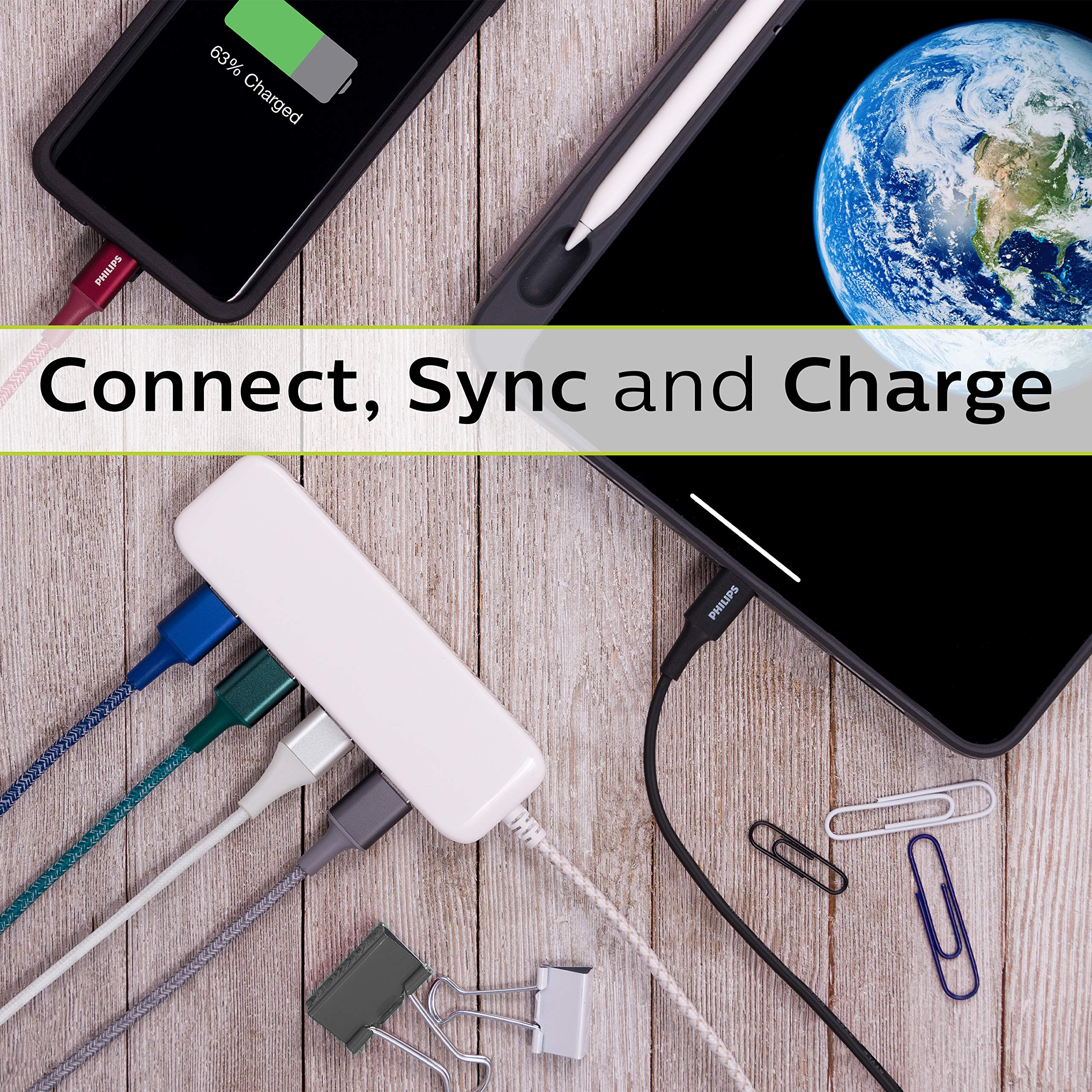 Premium Philips Elite 6ft Braided USB-A to Lightning Cable - Fast Charging & Durable for iPhone 12/11/Pro/Max/XS/XR/X/8, iPad, iPad Mini, iPad Air - White (DLC6206V/37) | Perfect for Home, Office & Travel Charging