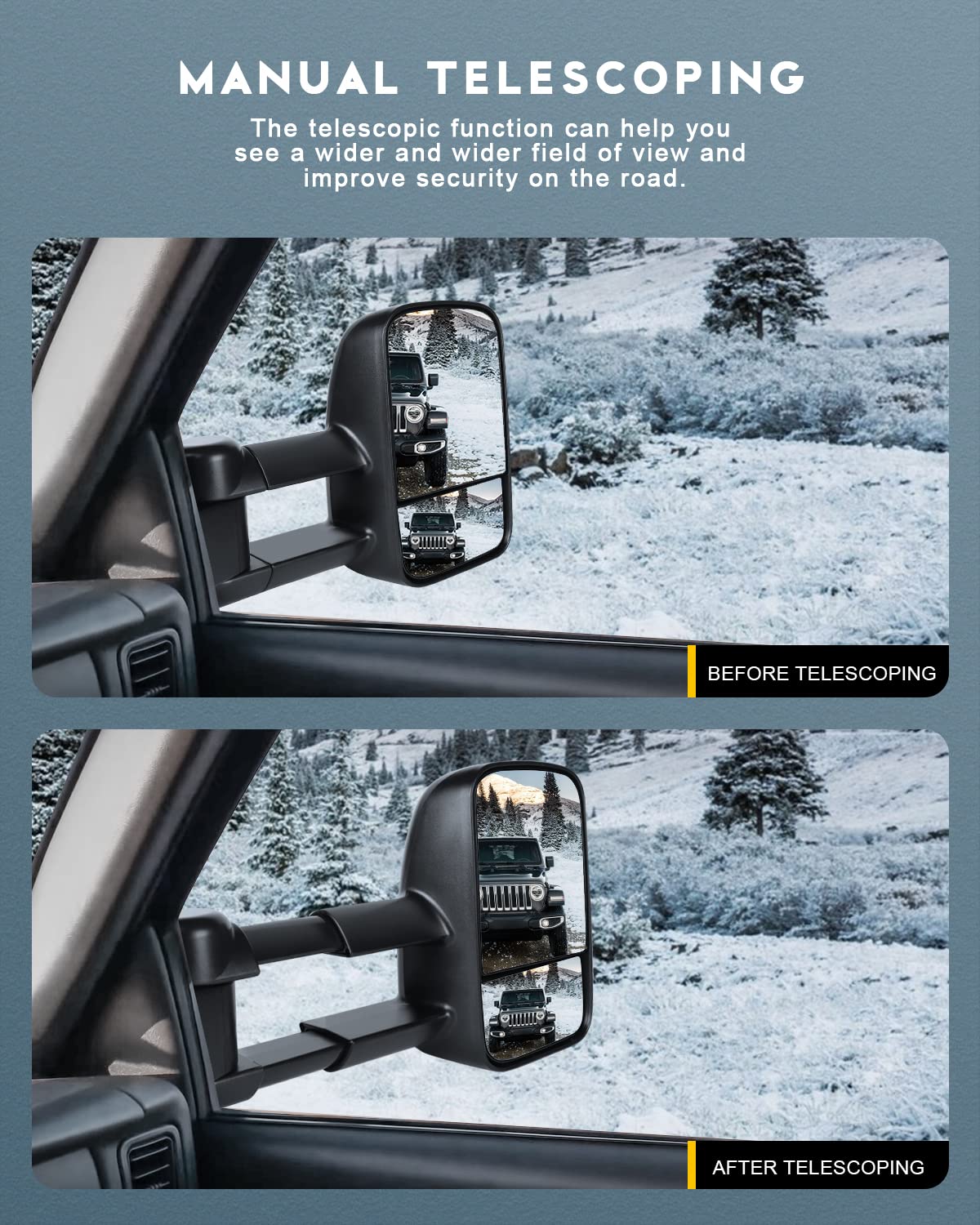 OCPTY Manual Adjustable Telescoping Towing Mirrors for 1999-2007 Chevy Silverado/GMC Sierra 1500 2500HD 3500HD Pickup Trucks - Black Replacement Tow Mirrors for Enhanced Visibility & Safety While Hauling Trailers or Large Loads