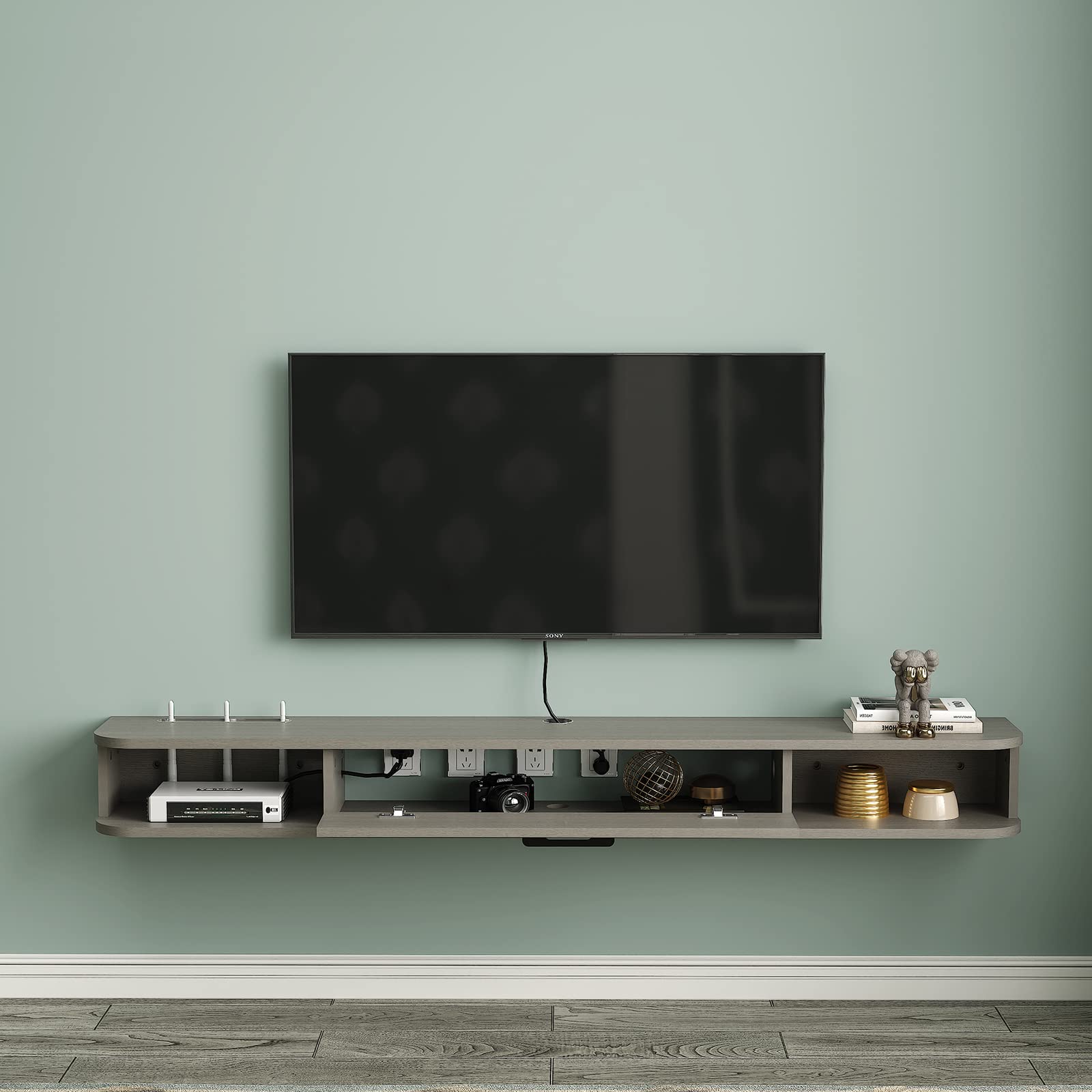 PMNIANHUA Floating TV Stand for 55-60 Inch TVs - Wall Mounted TV Shelf with Storage for Gaming Consoles, Small Spaces, Apartments & Bedrooms - Light Grey Oak - Perfect for Modern Living Rooms & Home Theaters