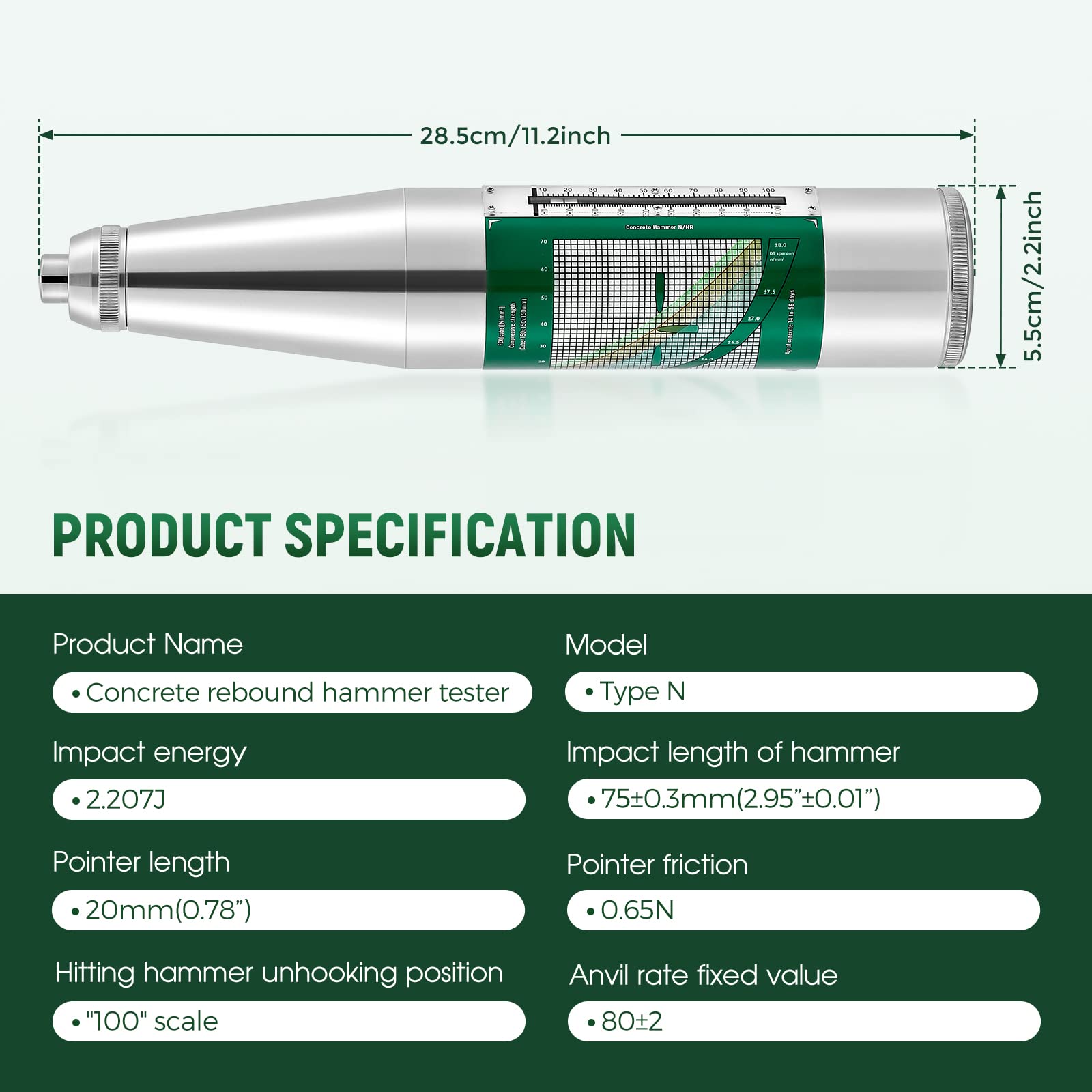 **Concrete Rebound Hammer Tester - Schmidt Hammer for Mechanical Strength Testing (10-60Mpa / 1450-8702psi) - Ideal for Construction, Quality Control & Structural Assessment**