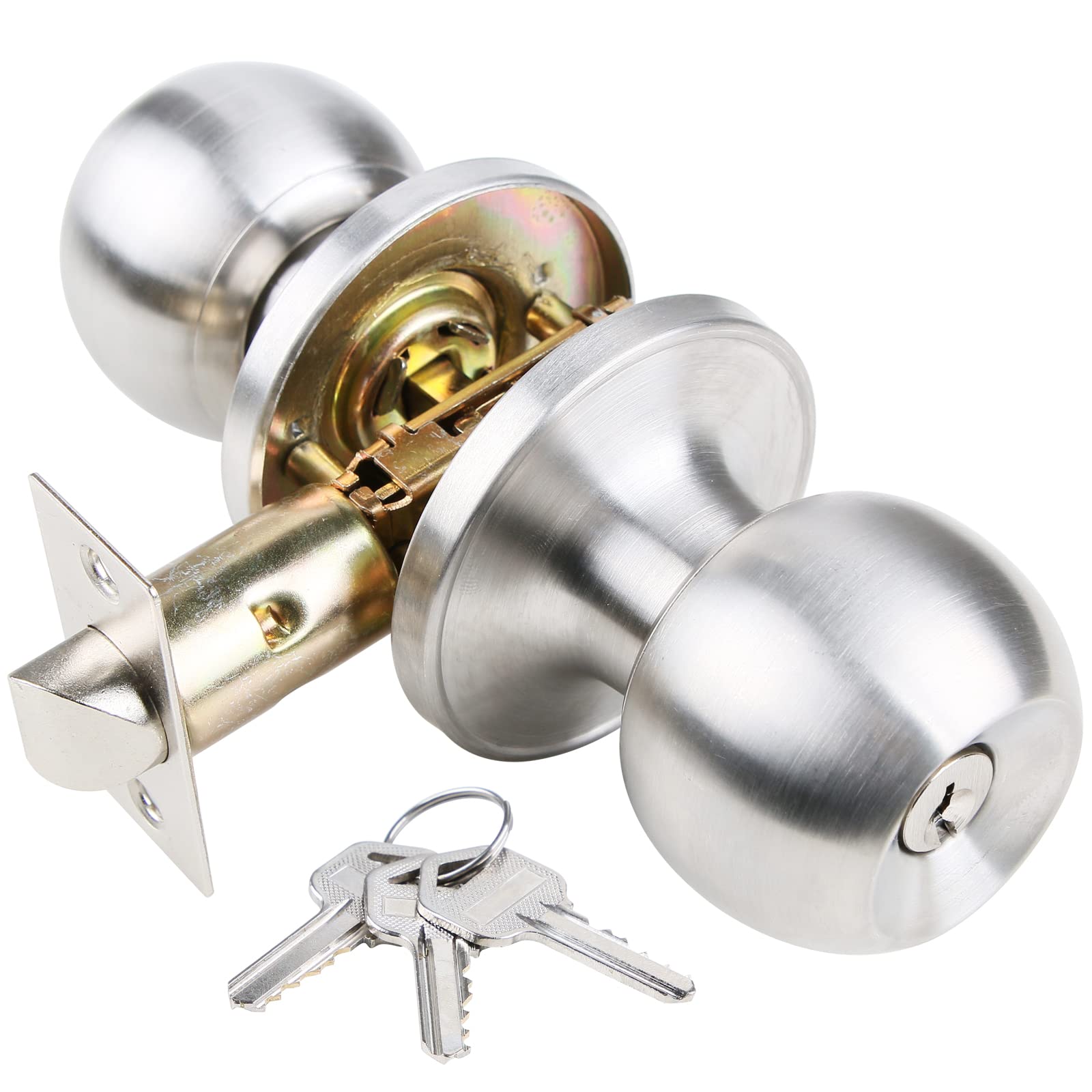 Stainless Steel Door Knob with Lock & Key - High Security Bedroom Door Handle, Ball Style Doorknob with 3 Keys & 3-Year Warranty | Perfect for Home, Office, Apartment & Interior Door Security