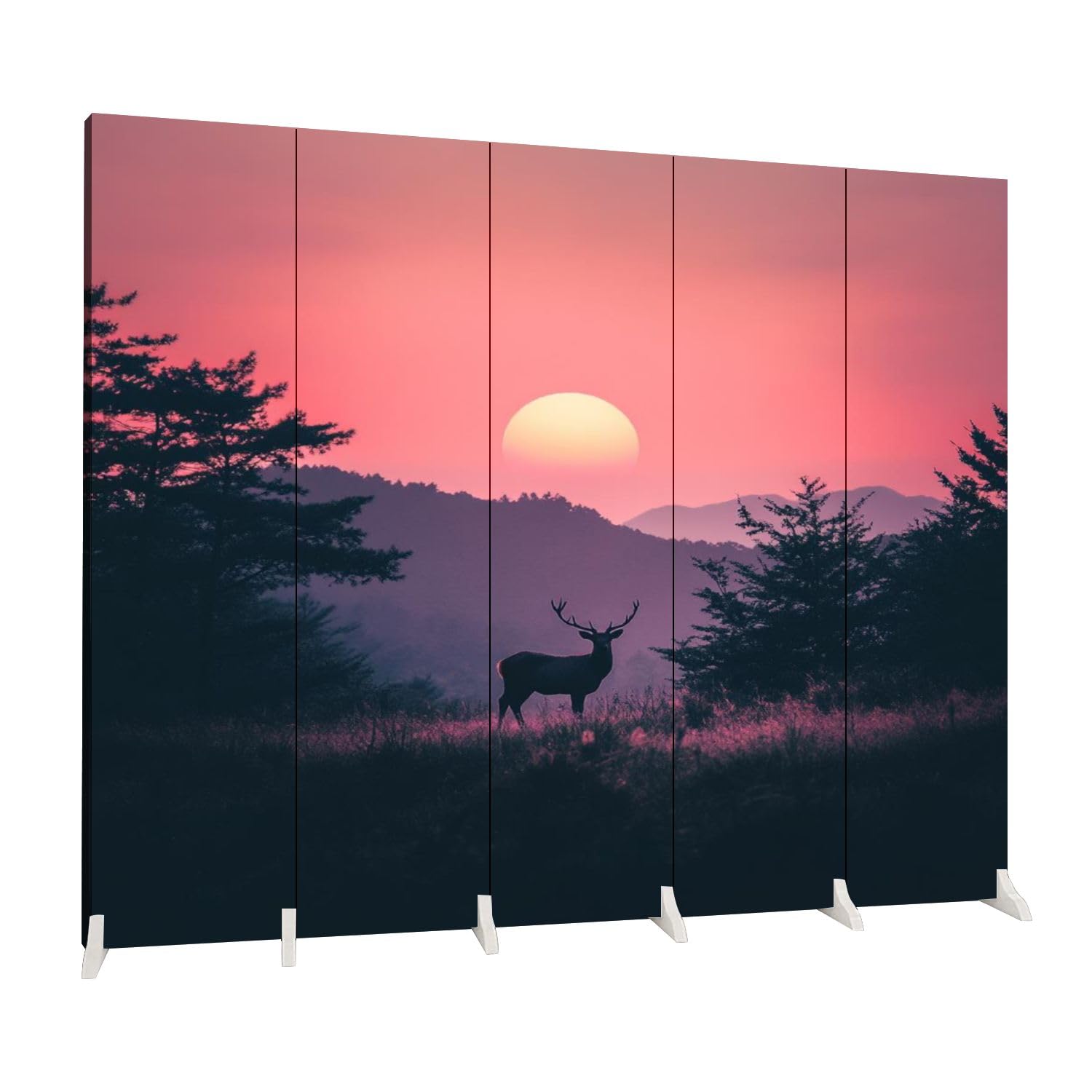 5-Panel Folding Room Divider with Deer Silhouette - Nature Inspired Canvas Screen for Home & Office - Freestanding Privacy Partition for Living Room, Bedroom, Yoga Studio & Workspace