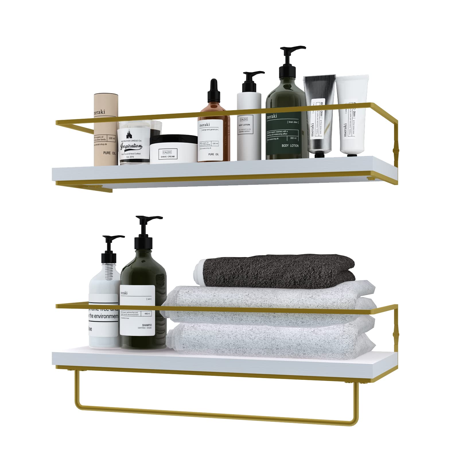 Rustic Floating Shelves with Towel Rack - Set of 2 White Farmhouse Wall Mounted Storage Shelves for Bathroom, Kitchen, Living Room & Bedroom | Space-Saving Home Decor & Organization Solution