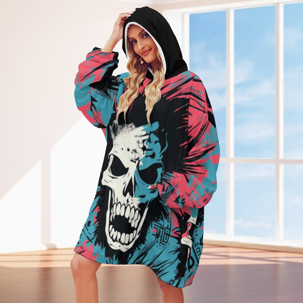 Punk Skull Print Hooded Blanket Sweater - Cozy Oversized Wearable Blanket for Lounge, Gaming & Outdoor Camping