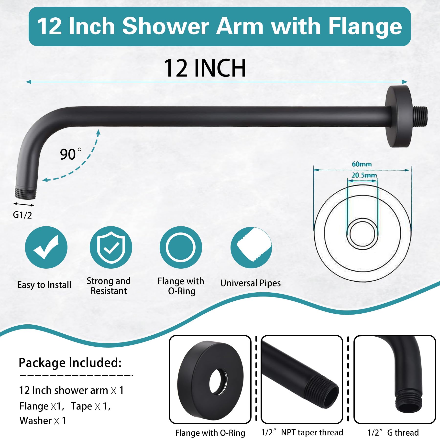 12 Inch Stainless Steel Shower Arm with Flange - 90 Degree Adjustable Rain Shower Extension Arm - Matte Black Wall Mounted Shower Head Bracket for Fixed Shower Systems (Perfect for Bathroom Renovation & Spa-Like Shower Experience)