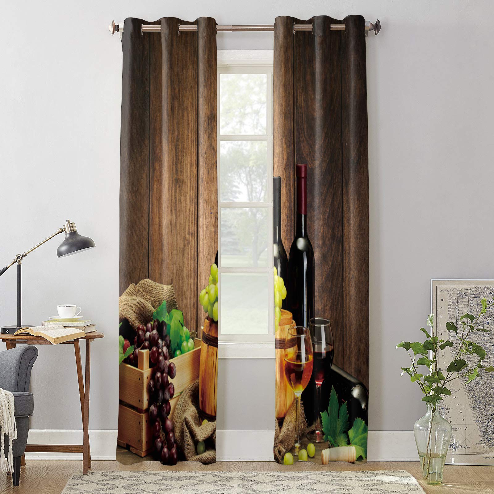Rustic Wooden Grain Sheer Curtains with Wine Grapes & Barrels Design - 2 Panel Kitchen Tier Grommet Window Treatment (84 Inch Length) for Living Room, Bedroom, Patio Door - Perfect for Farmhouse, Vineyard or Wine-Themed Decor
