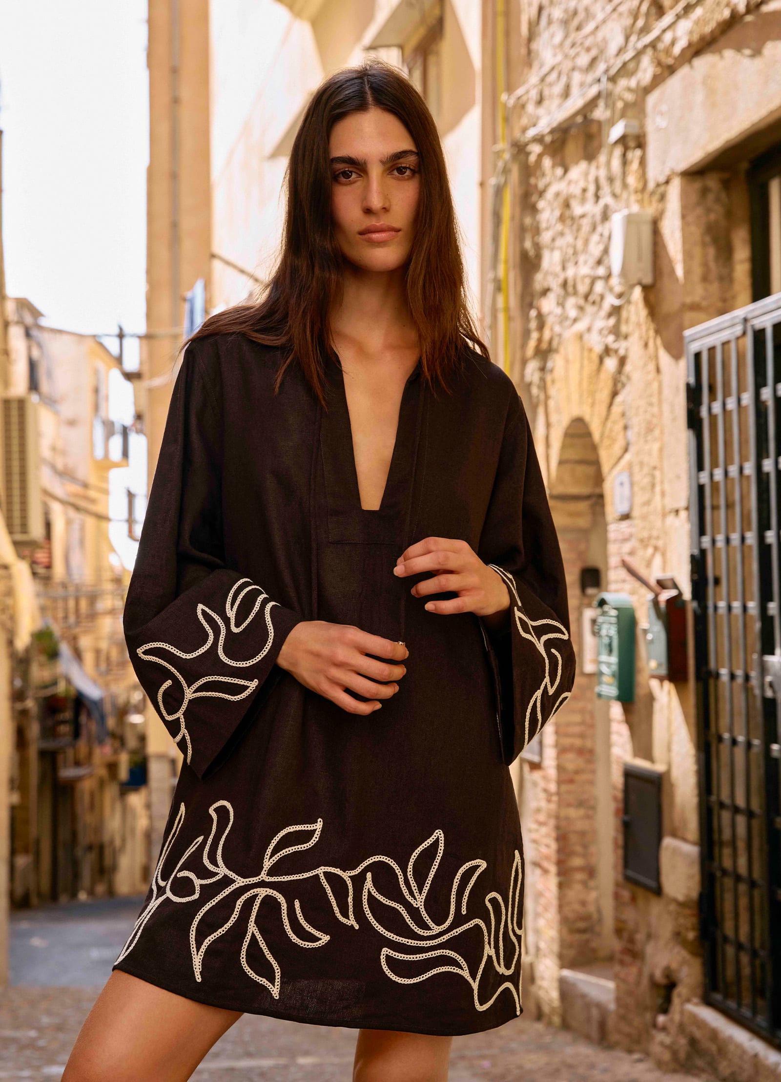 Dahlia Palm Embroidered Mini Kaftan Dress - Floral Boho Chic Beach Cover Up for Women - Perfect for Vacation, Poolside, and Summer Outings