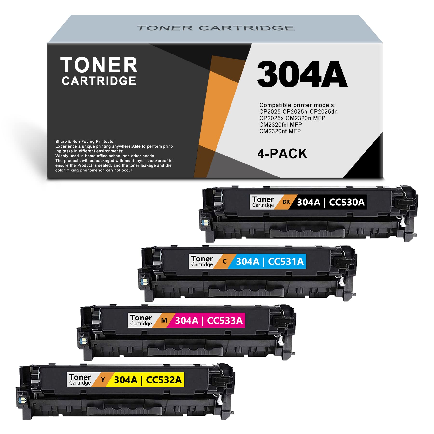 4-Pack EKG ARSEINK Compatible 304A CC530A CC531A CC533A CC532A Toner Cartridges Replacement for HP CM2320n CM2320fxi CM2320nf MFP CP2025 Series Printers (Black/Cyan/Magenta/Yellow) - High Yield Printing for Office & Home Use