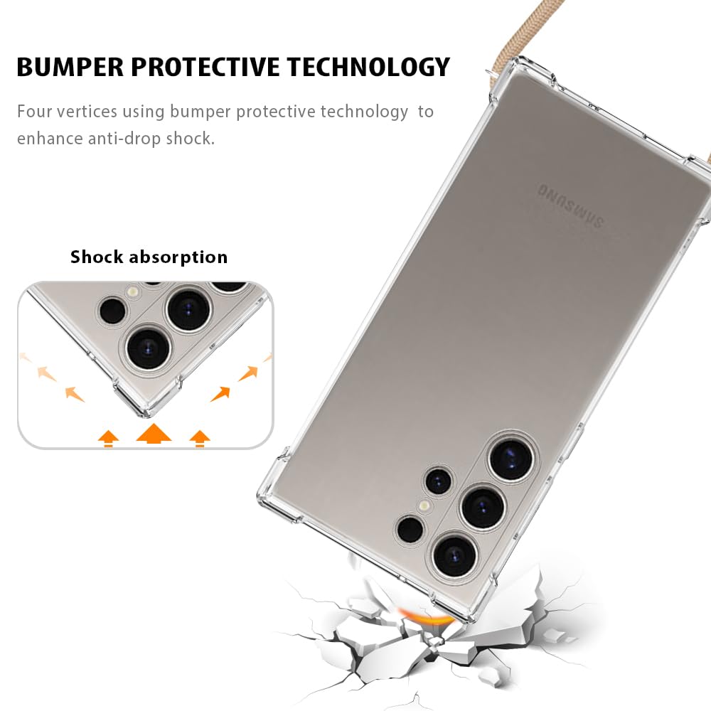 YESPURE Clear Adjustable Crossbody Phone Case for Samsung Galaxy S24 Ultra 5G - Soft Slim Protective Shoulder Strap Cover with Lanyard for Women & Girls (Beige) | Perfect for Hands-Free Use While Shopping, Traveling, or Outdoor Activities