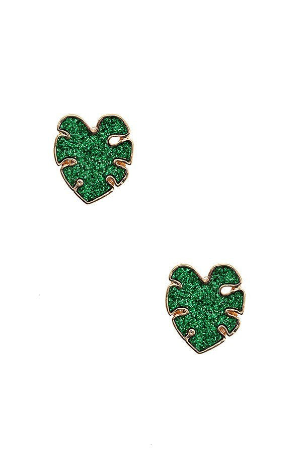UBS030 Monstera Stud Earrings with Green Glitter - Perfect for Parties, Weddings & Everyday Wear