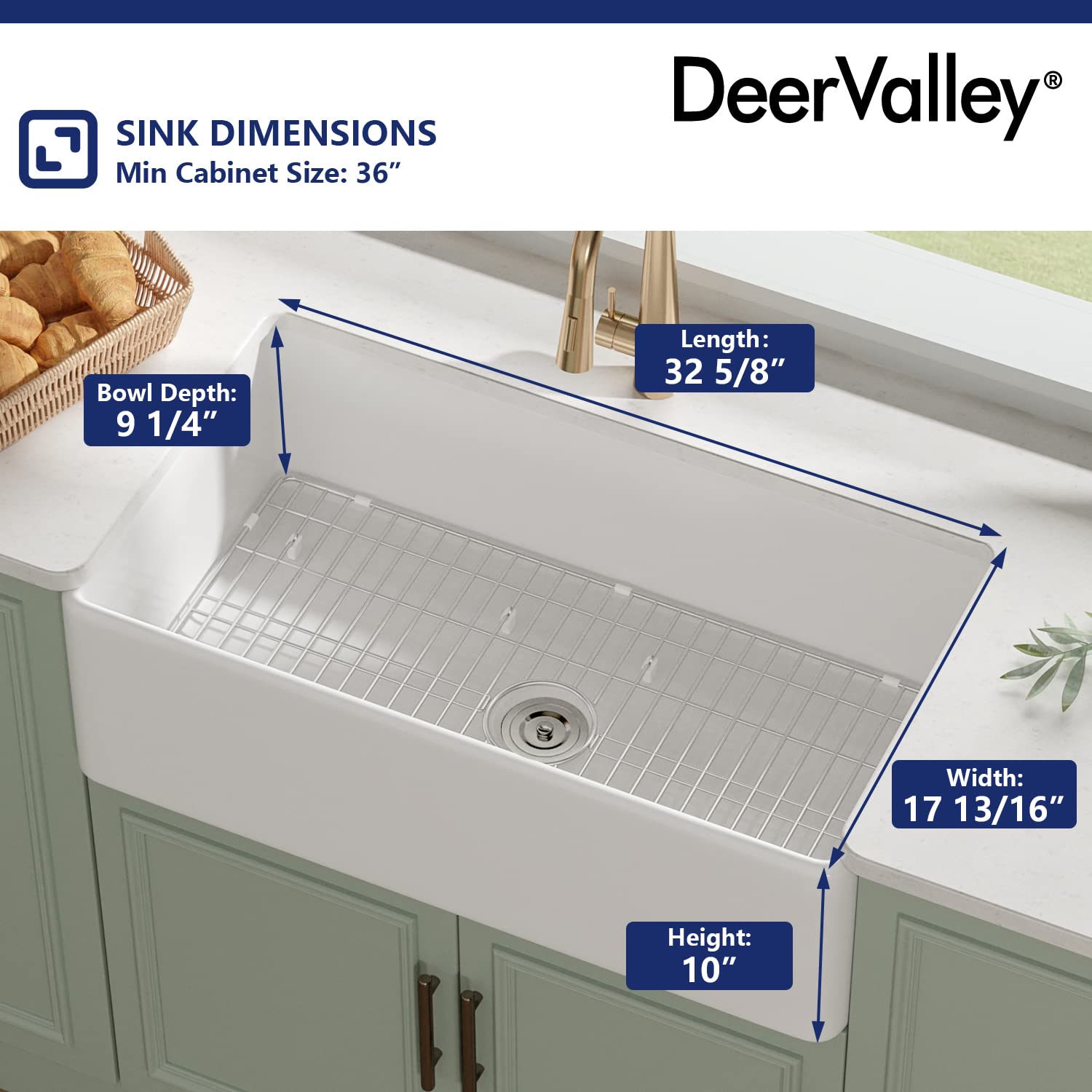 DeerValley 33 Inch White Farmhouse Kitchen Sink - Fireclay Apron Front Single Bowl Undermount Sink with Deep Basin, Bottom Grid & Strainer - Perfect for Rustic, Farmhouse & Modern Kitchens