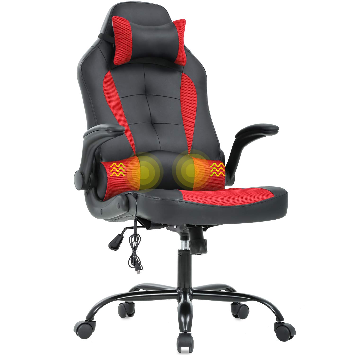 Ergonomic PC Gaming Chair - Racing Style Office Chair with Lumbar Support & Headrest - PU Leather Executive Desk Chair with Massage Function - Adjustable Armrests & Swivel Base - Perfect for Gaming, Home Office & Workstations (Red)