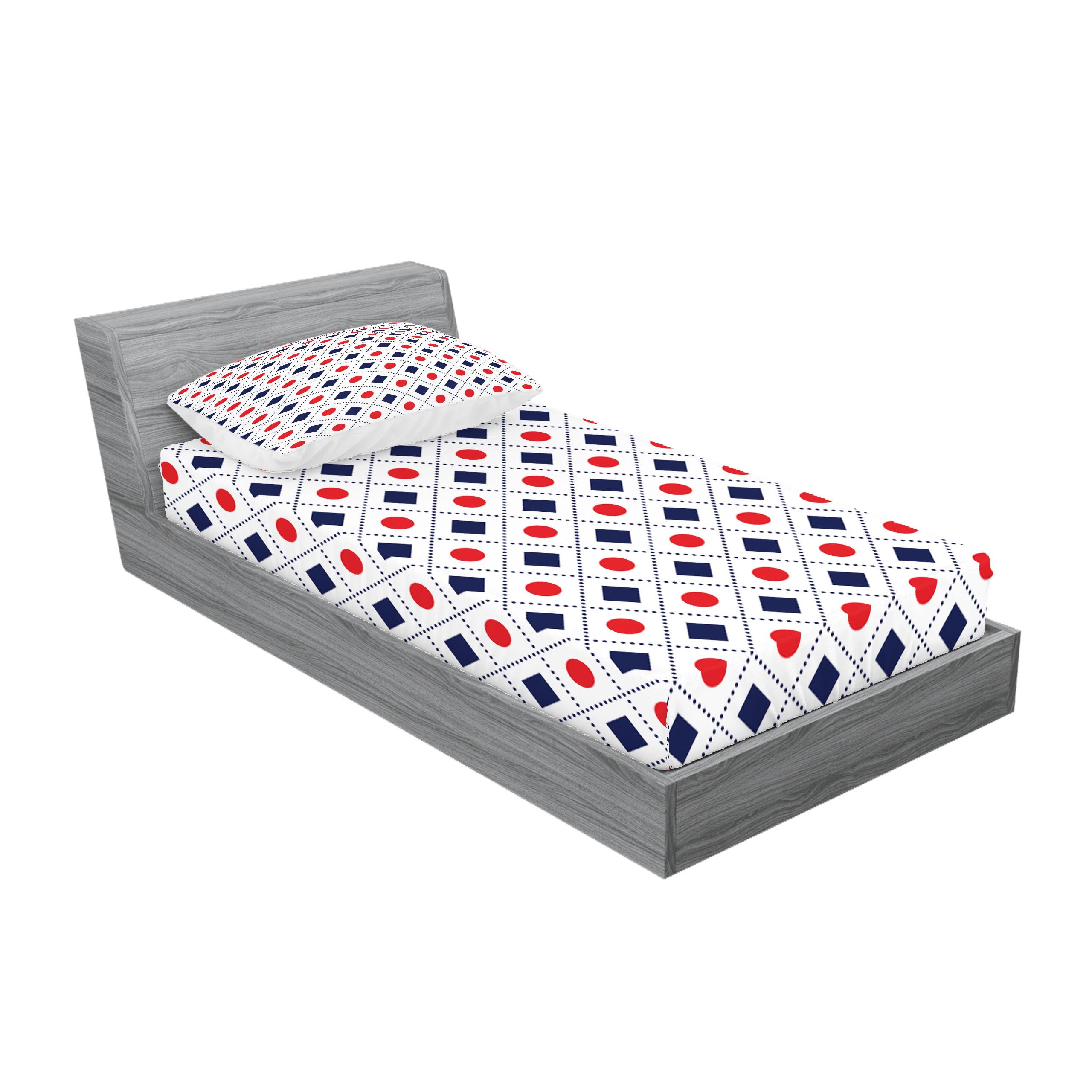 Ambesonne Navy Blue and Red Fitted Sheet & Pillow Sham Set - Big Red Dots Squares Dashed Lines Geometric Tile Print - 2 Piece Twin Size Bedding Decor Set - Perfect for Kids Rooms, Guest Bedrooms & Modern Home Decor