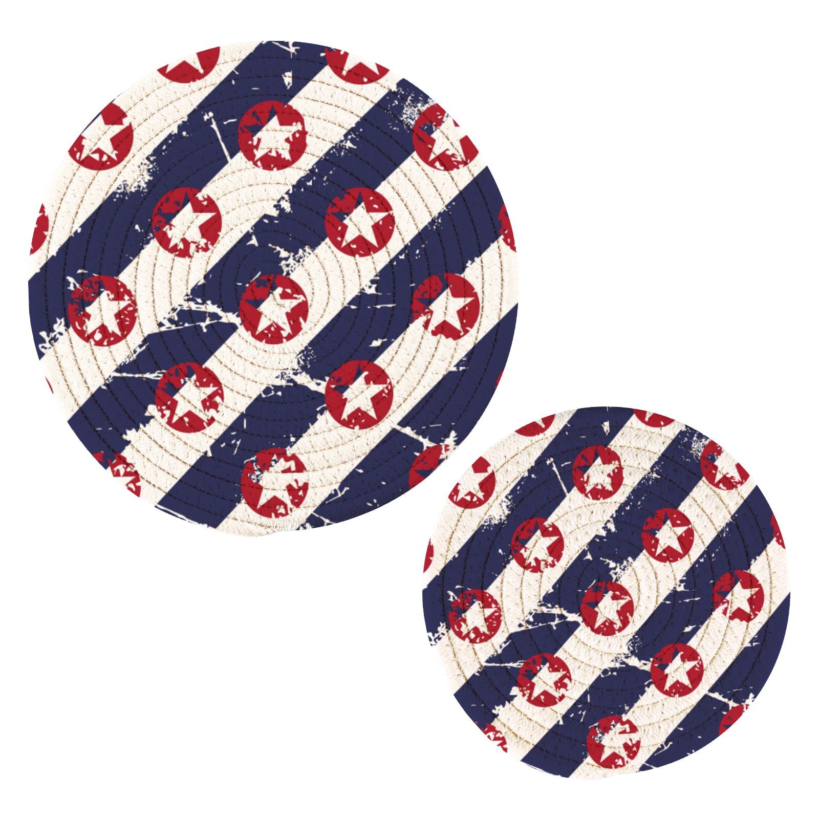 Diagonal Stripes Stars Pot Holder Trivet Set of 2 - Heat Resistant Thread Weave Hot Pads (7 & 9 Inches) for Countertop, Hot Pots & Pans - Perfect for Kitchen, Dining & BBQ Use