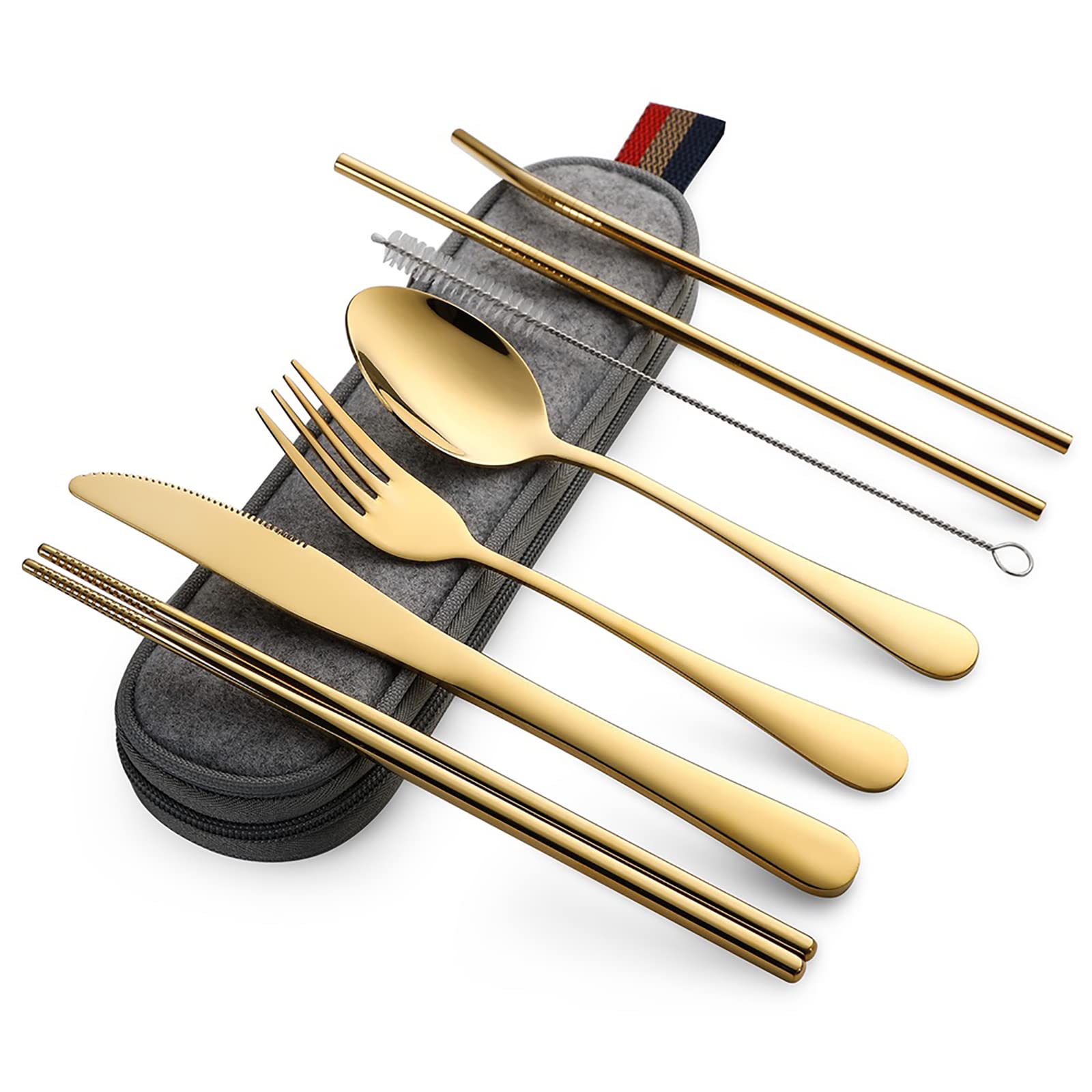 DEVICO 8-Piece Portable Cutlery Set - Stainless Steel Travel Utensils for Camping & Picnics (Gold)